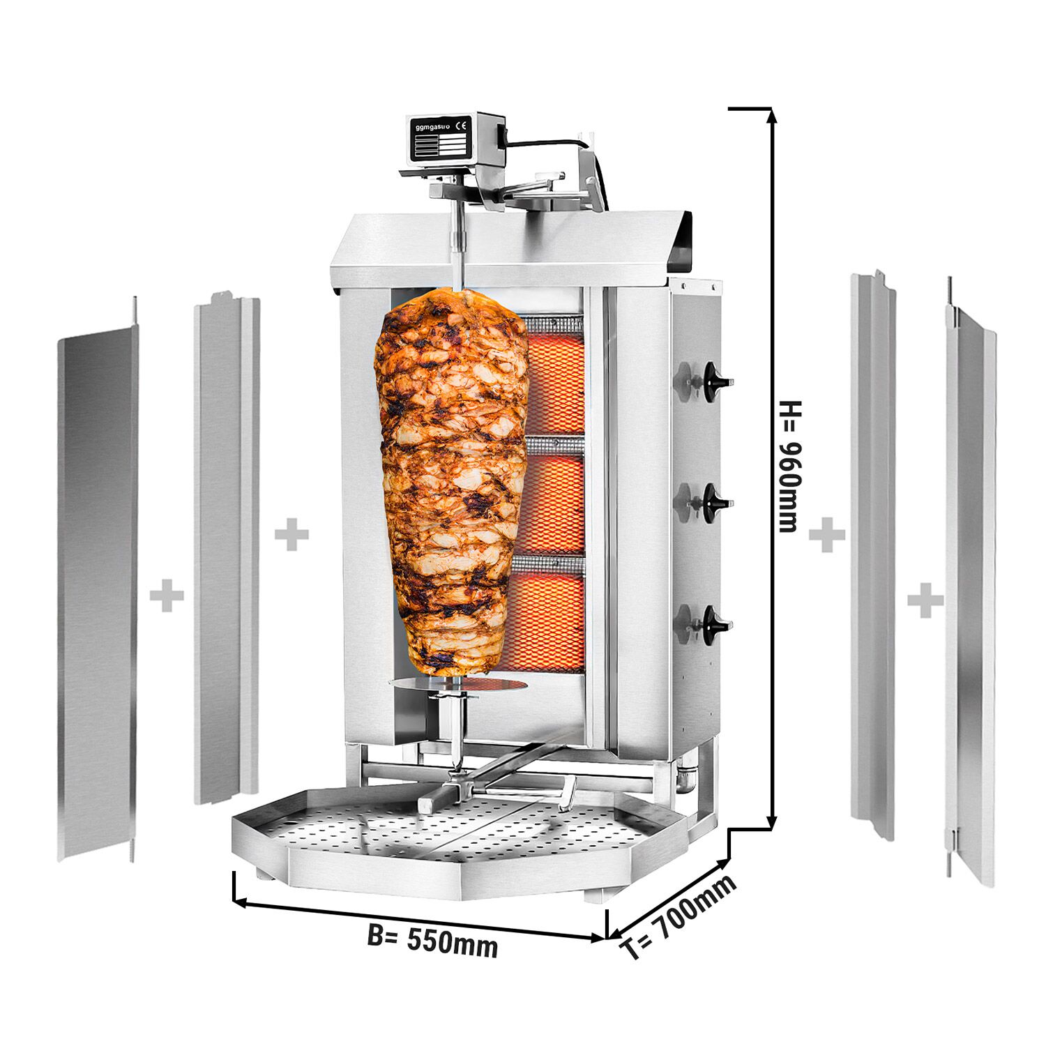 Machine à Kebab / Gril vertical à gaz - 3 brûleurs - pour 40kg de viande - 9.75kW - livré avec 2 pare-graisses, 2 volets, 1 broche, bac à graisse, injecteurs gaz naturel et propane