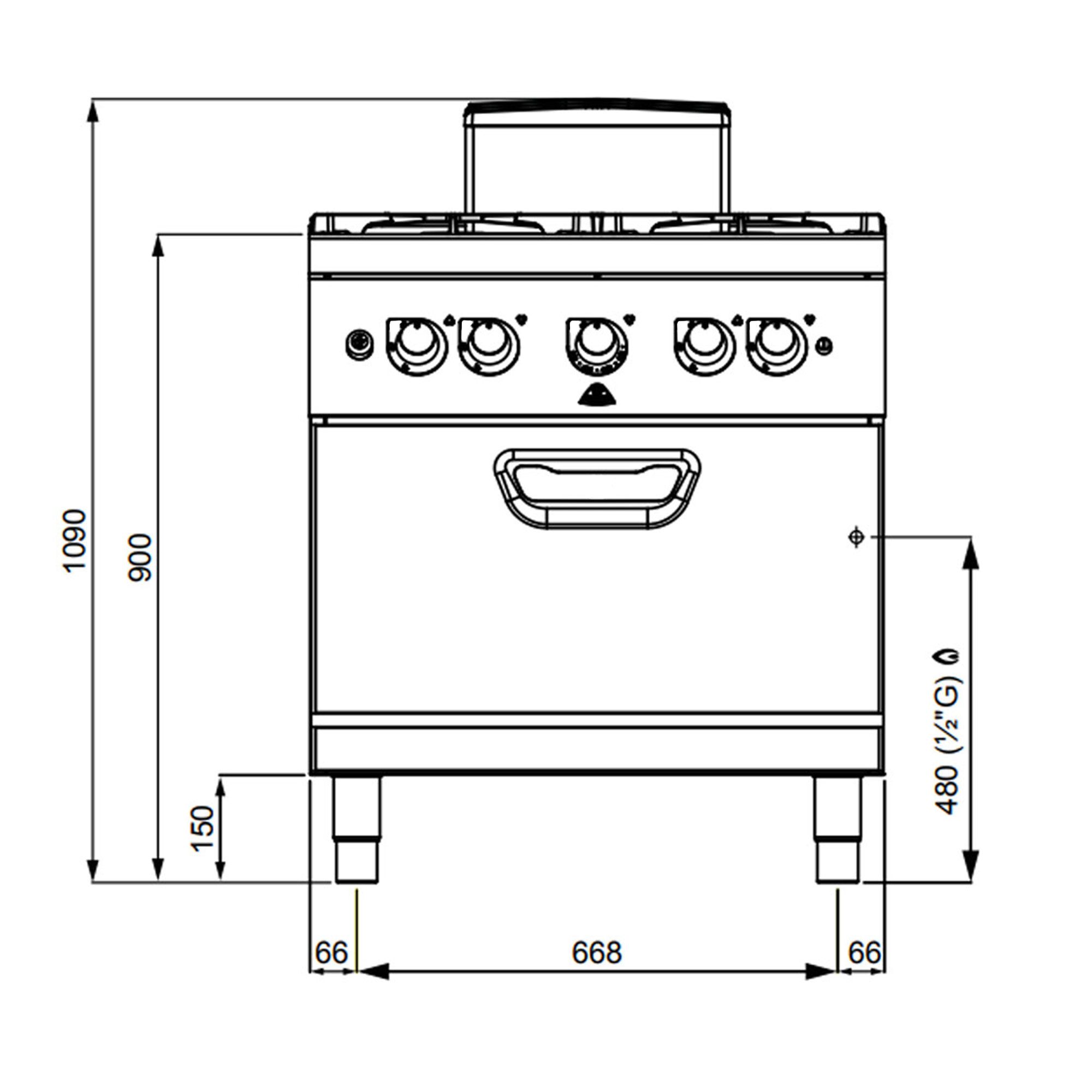 Fourneau à gaz – 24 kW – 4 brûleurs – avec four à gaz statique – 7,8 kW