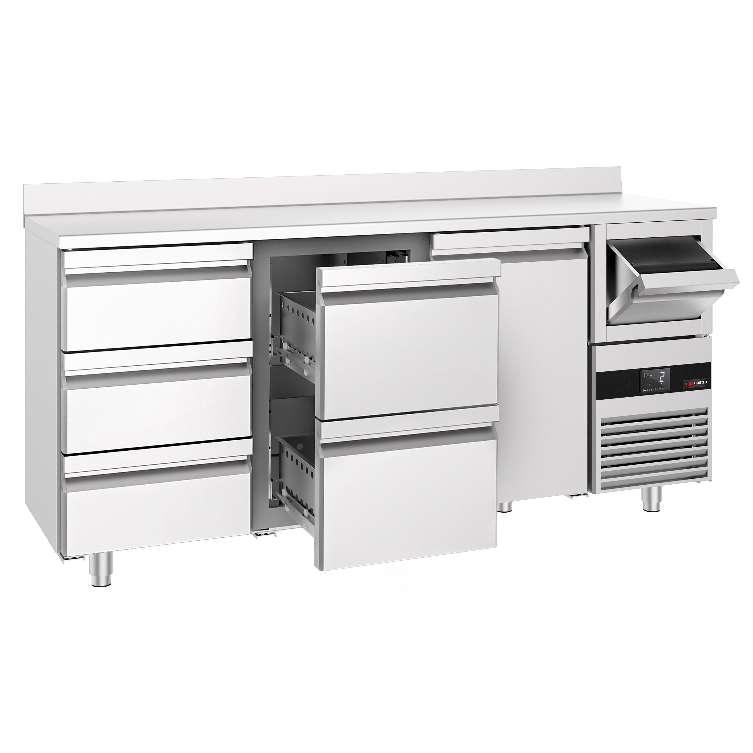 Arrière-bar réfrigéré professionnel PREMIUM - 2130 x 600 mm - avec 1 porte et 5 tiroirs - avec dosseret - avec tiroir à marc de café
