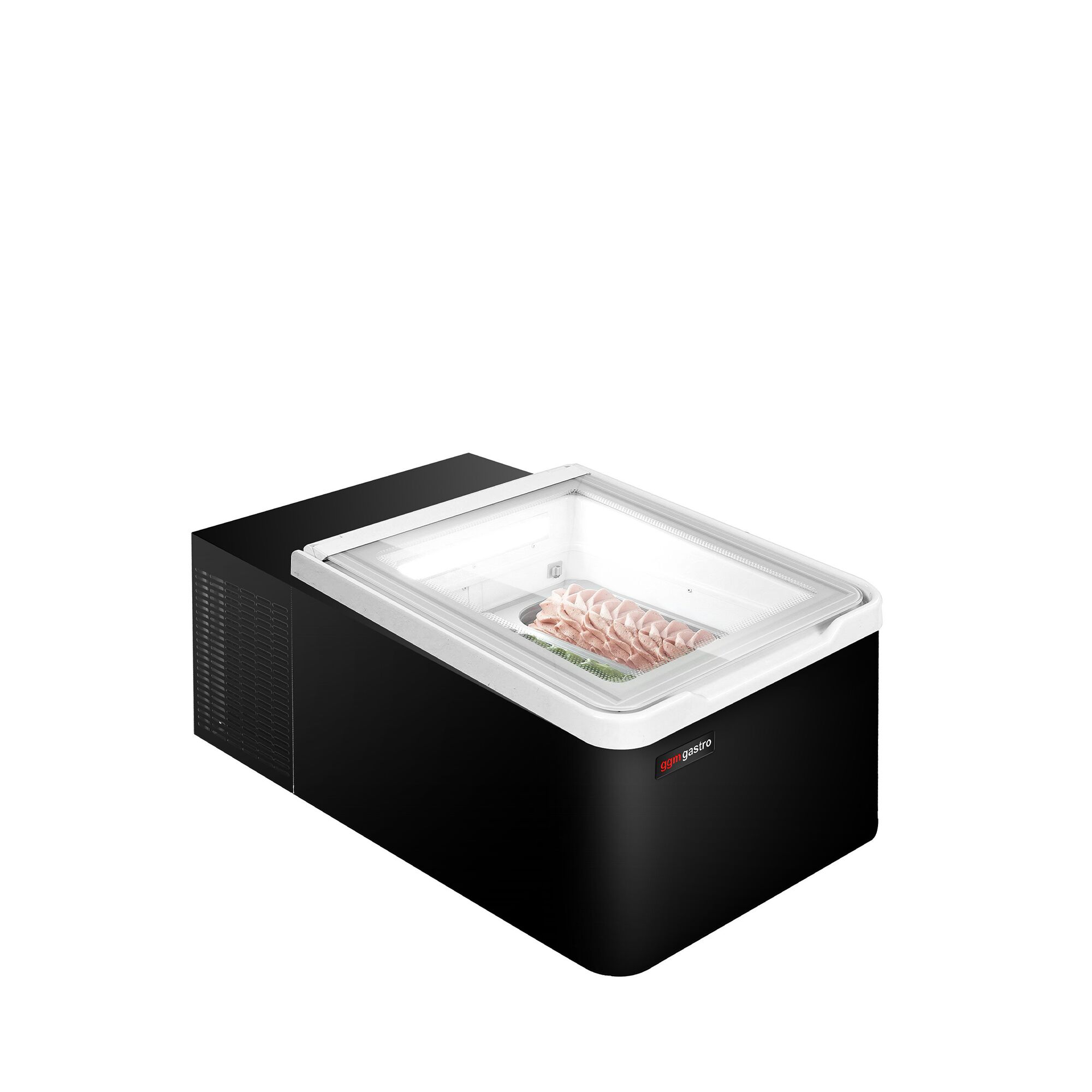 Vitrine à glaces à poser - 465mm - Froid statique - Couvercle vitré basculant - Noir - pour 2 bacs de 5 L - Côté client