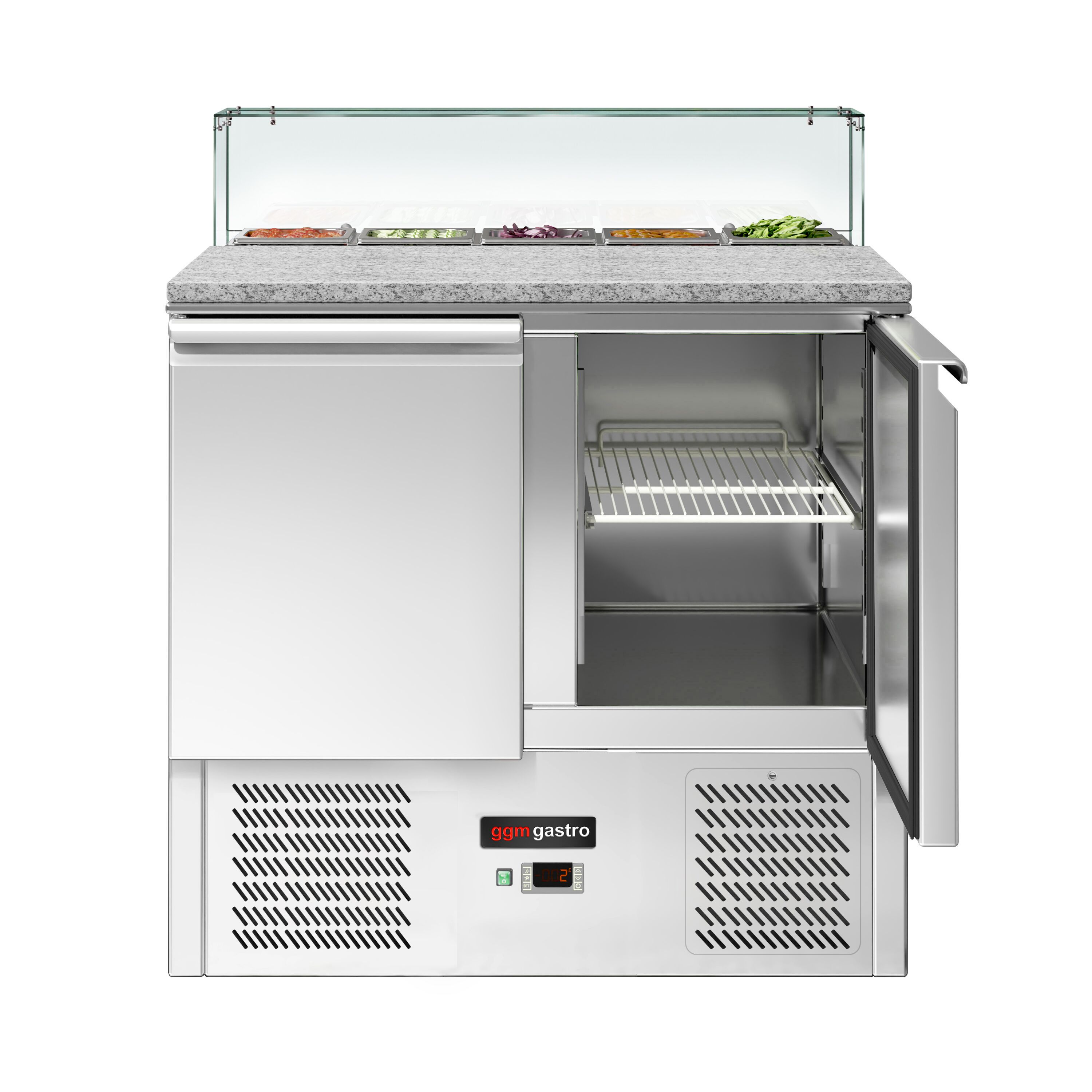 Saladette réfrigérée ECO - 900mm - 240L - 2 portes - avec vitrine de comptoir pour 5x GN 1/6