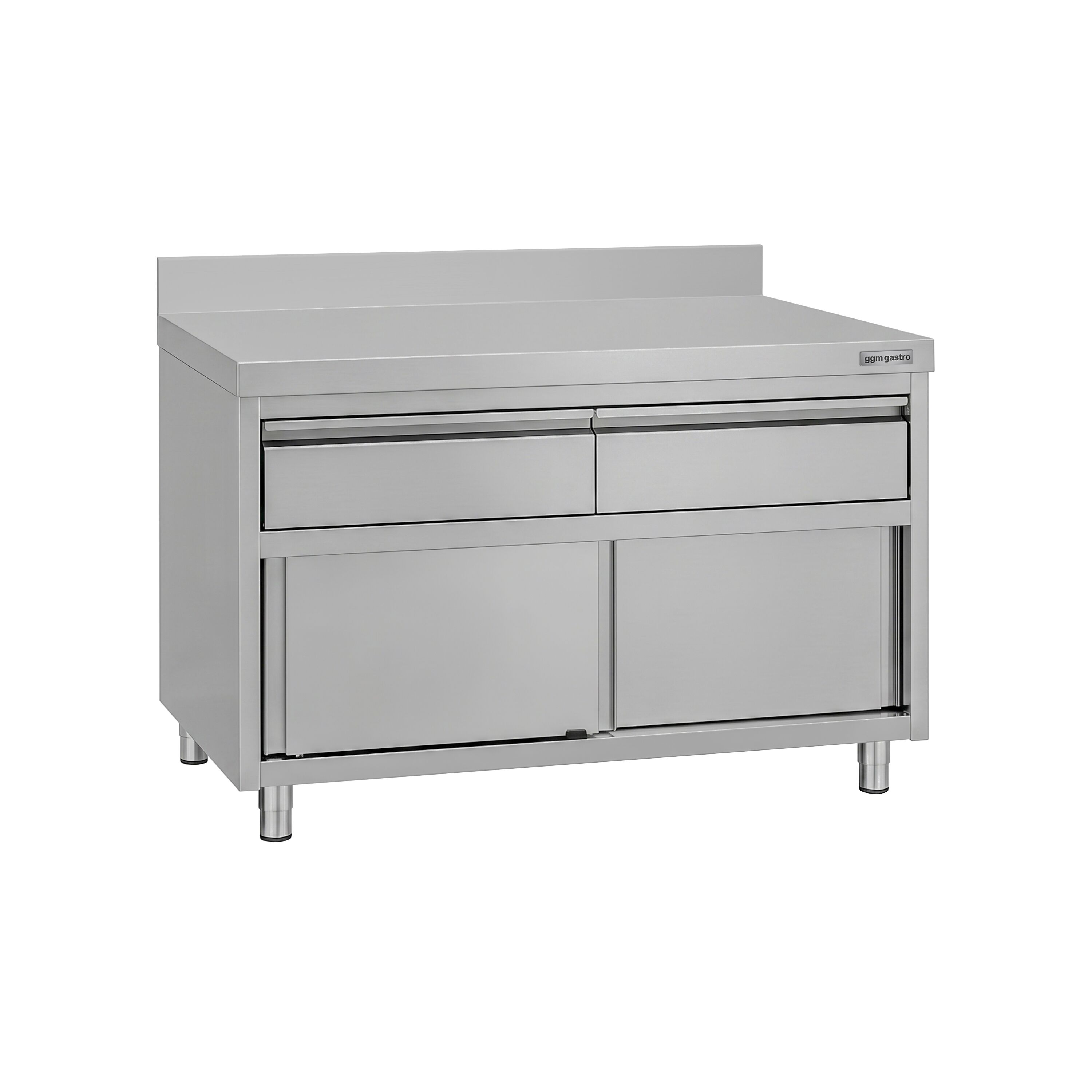 Armoire de travail en acier inoxydable ECO - 1200 x 600 mm - avec rebord - avec 2 tiroirs et une porte coulissante