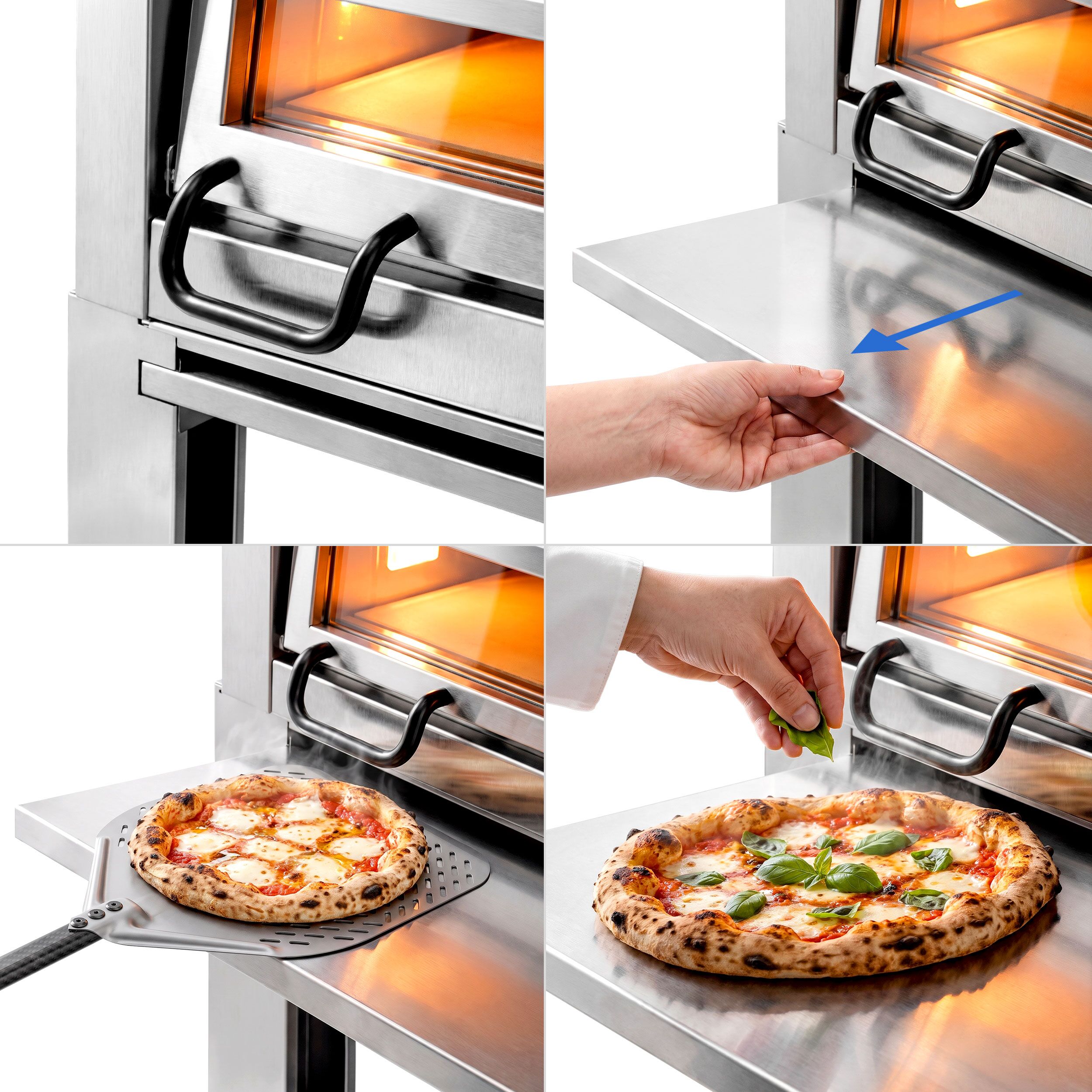 Elektrisk pizzaugn - 1462x1010 mm - 6 x Ø 34 cm - upp till 450 °C - Digital - inkl. huv och underrede
