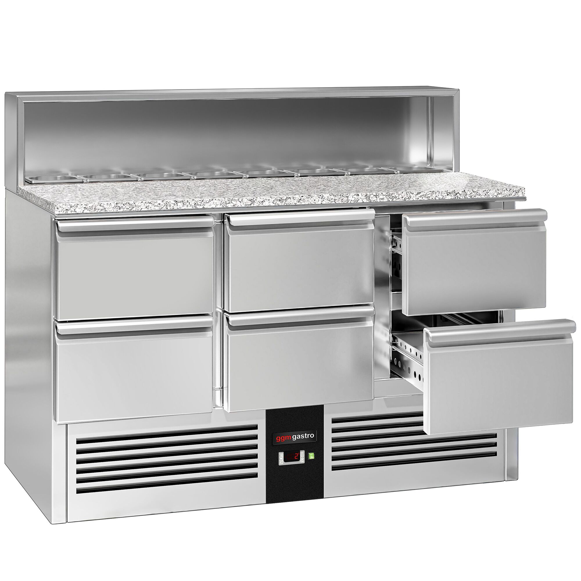 Saladette réfrigérée PREMIUM - 1368mm - 402L - 6 tiroirs - avec découpe pour 8x GN 1/6 & Couvercle inox - plan de travail en granit noir