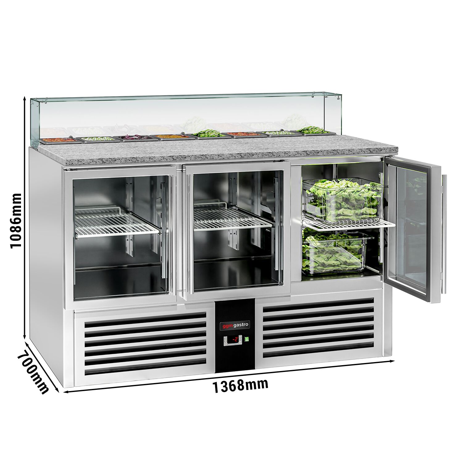 Saladette réfrigérée PREMIUM - 1368mm - 368L - 3 portes vitrées - avec vitrine de comptoir pour 8x GN 1/6