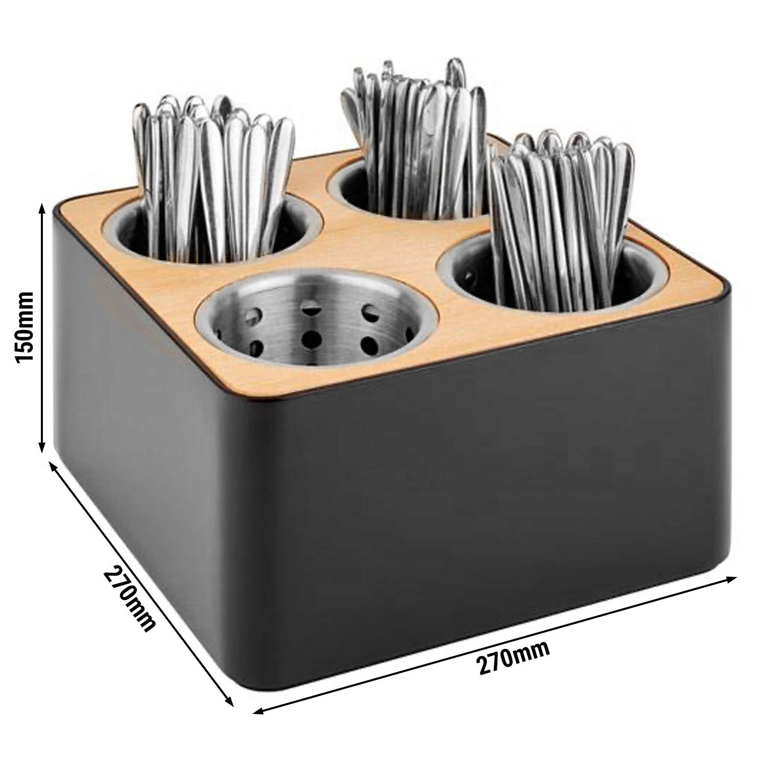 Présentoir de bar - porte-bouteilles et porte-couverts - 270x270mm - Hauteur: 150mm - bois, SAN, acier inoxydable - avec 4 compartiments - incl. 4 pots à couverts en acier inoxydable - Noir