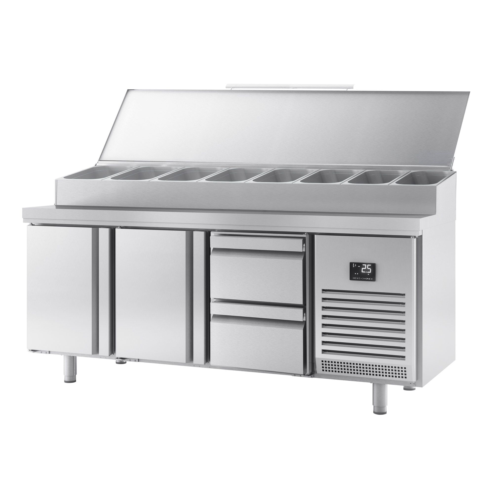 Table réfrigérée de préparation - 1960x600 mm - avec 2 portes & 2 tiroirs - superstructure inox pour 11 bacs GN 1/4