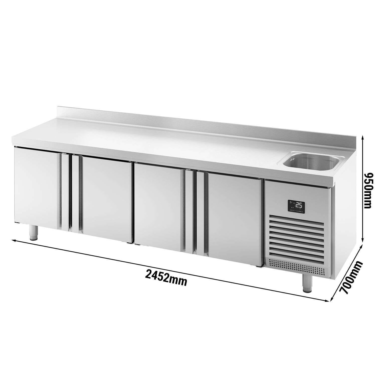 Table réfrigérée Premium PLUS - 2452x700 mm - avec 1 bac, 4 portes - avec dosseret