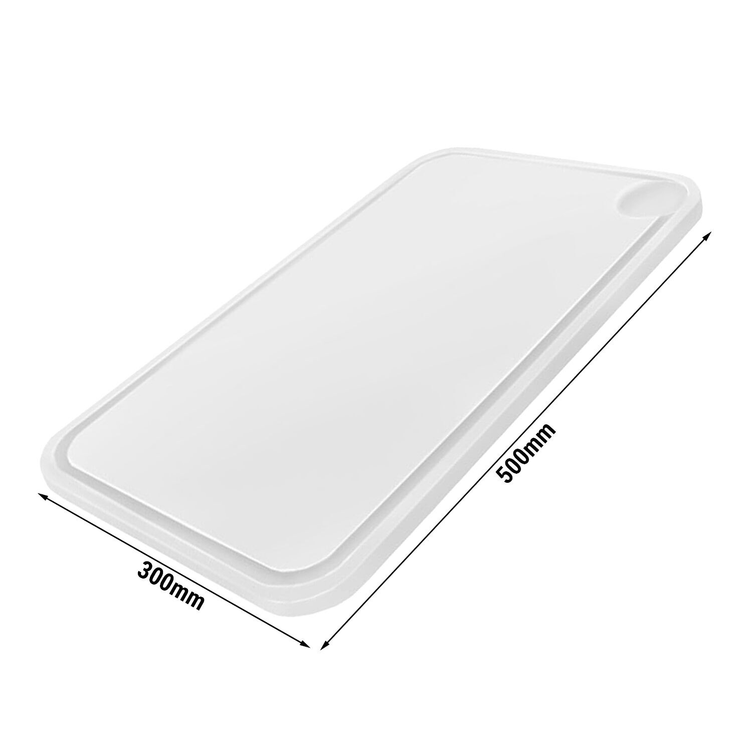 Planche à découper avec rigole à jus - 300x500mm - Épaisseur: 20mm - Conforme HACCP - Polyéthylène - Blanc