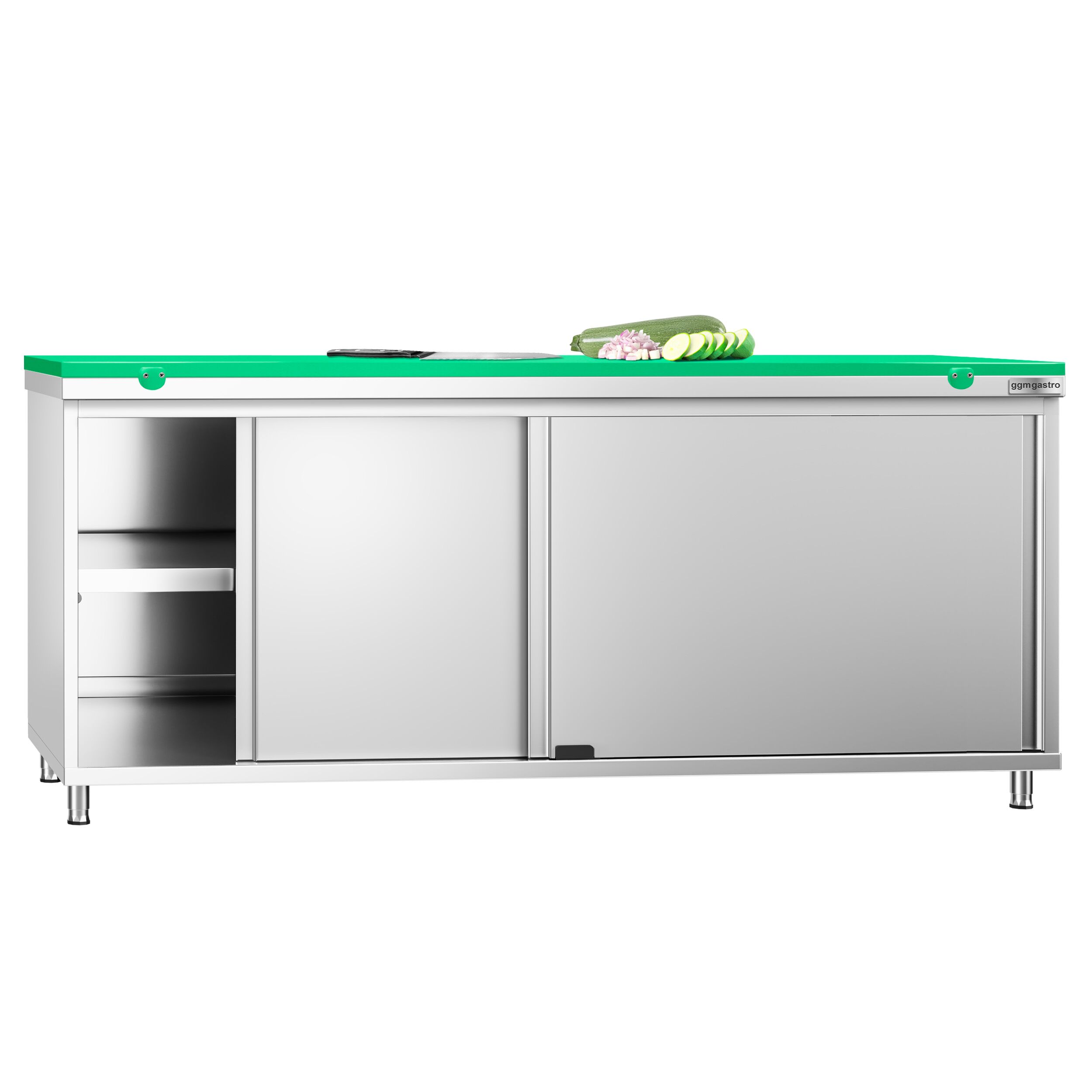 Table armoire en acier inoxydable PREMIUM - 2000x800mm - avec portes coulissantes - pour fruits et légumes - incl. plateau de découpe Vert PEHD (HACCP)