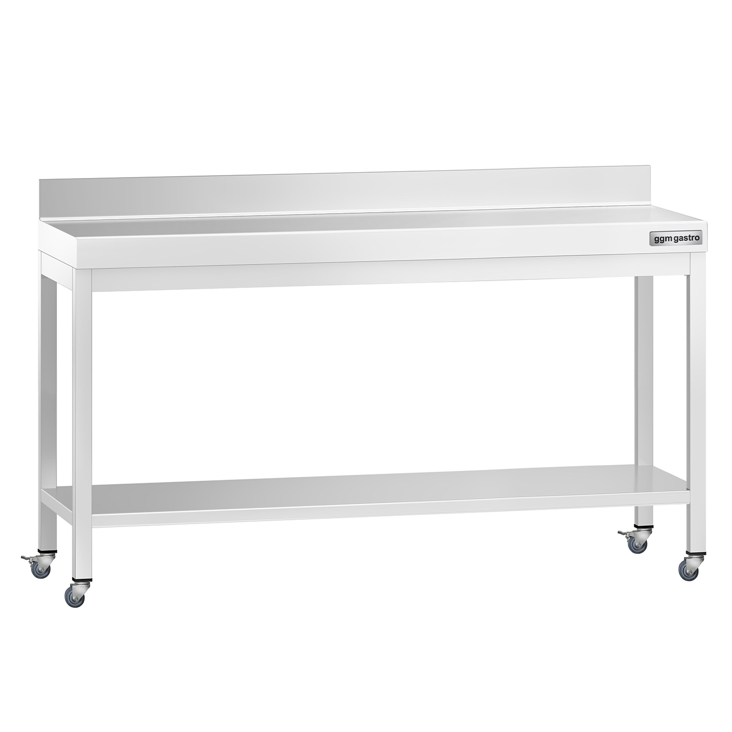 Table de travail en inox PREMIUM - 1800 x 600 mm - avec tablette inférieure, dosseret et roulettes