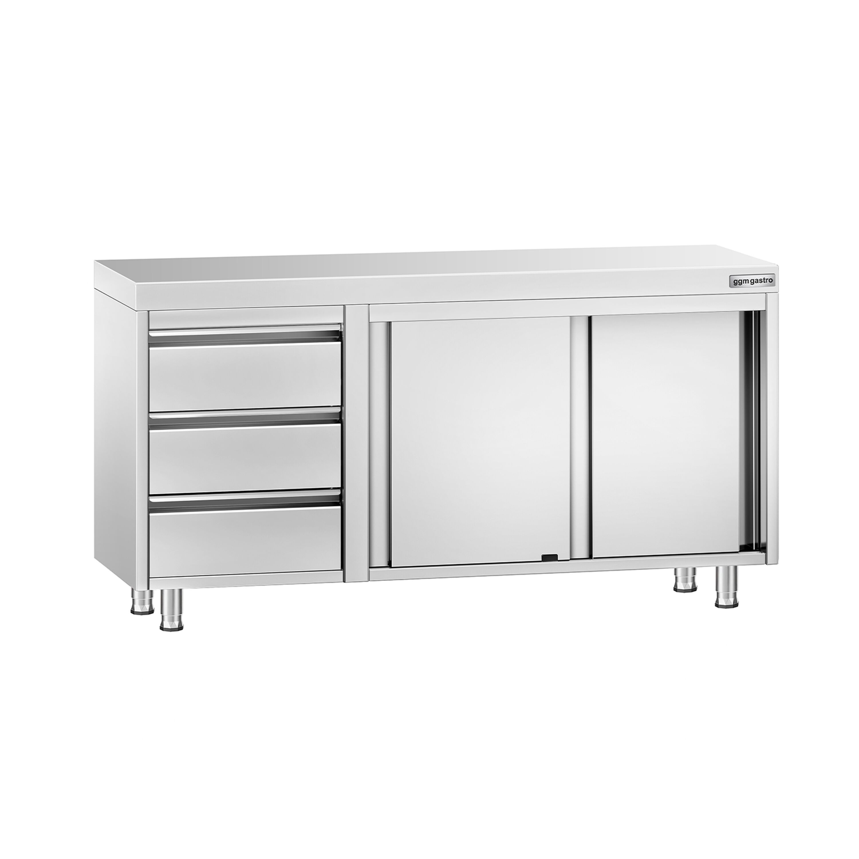 Table armoire en acier inoxydable PREMIUM - 1400x700mm - avec 3 tiroirs à gauche et portes coulissantes