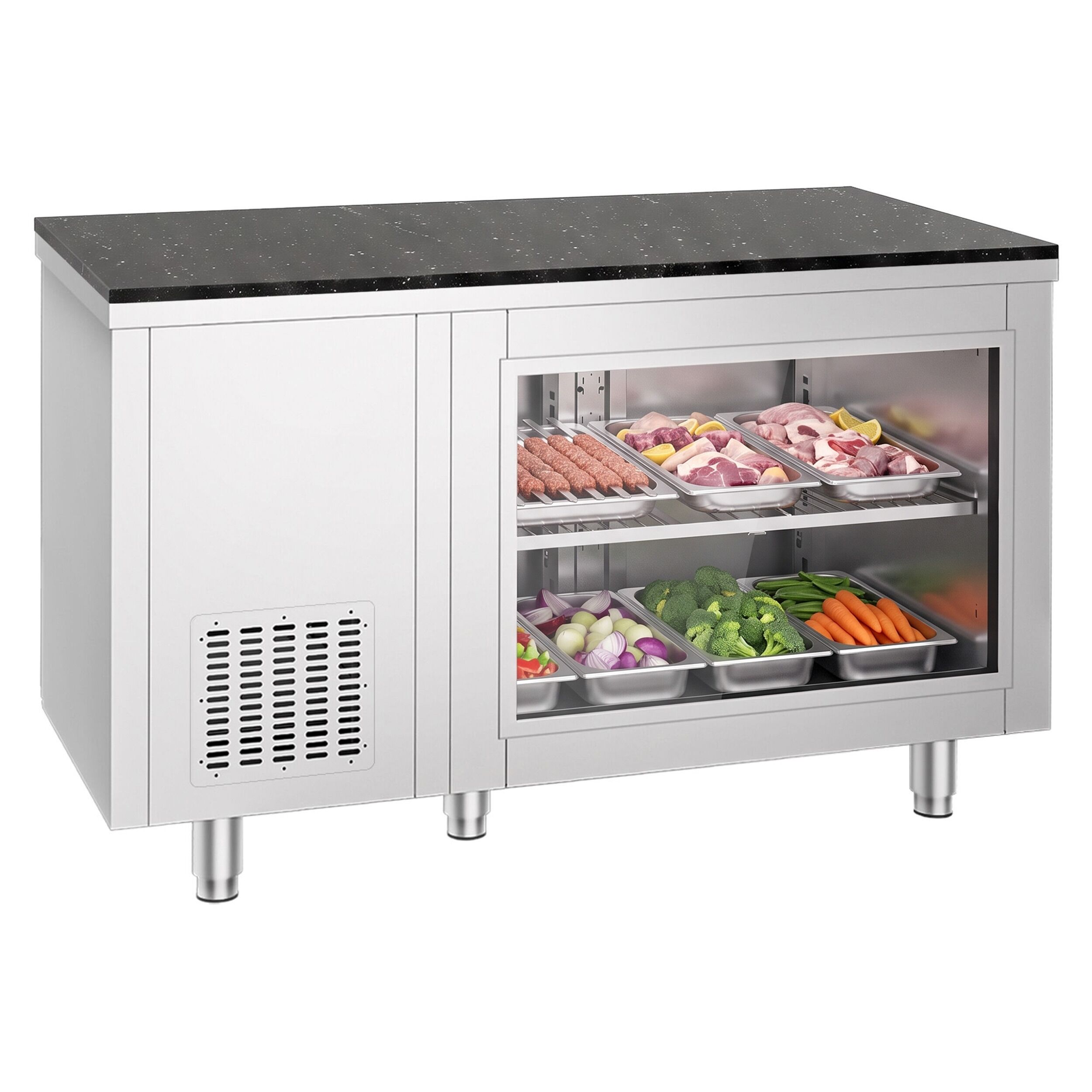 Commercial Counter Fridge – 1400 × 700 mm – Rear Side with 2 Doors – Glass Front – incl. Granite Worktop