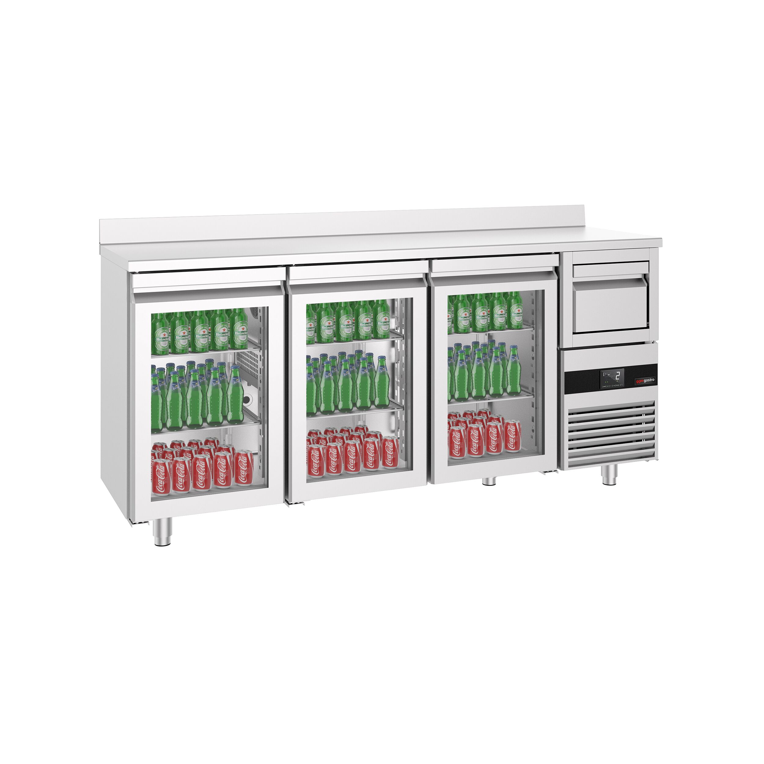 Commercial Back Bar Bottle Cooler PREMIUM - 2140x600x1150mm - with 3 Hinged Glass Doors, upstand & knock box for coffee - 632L