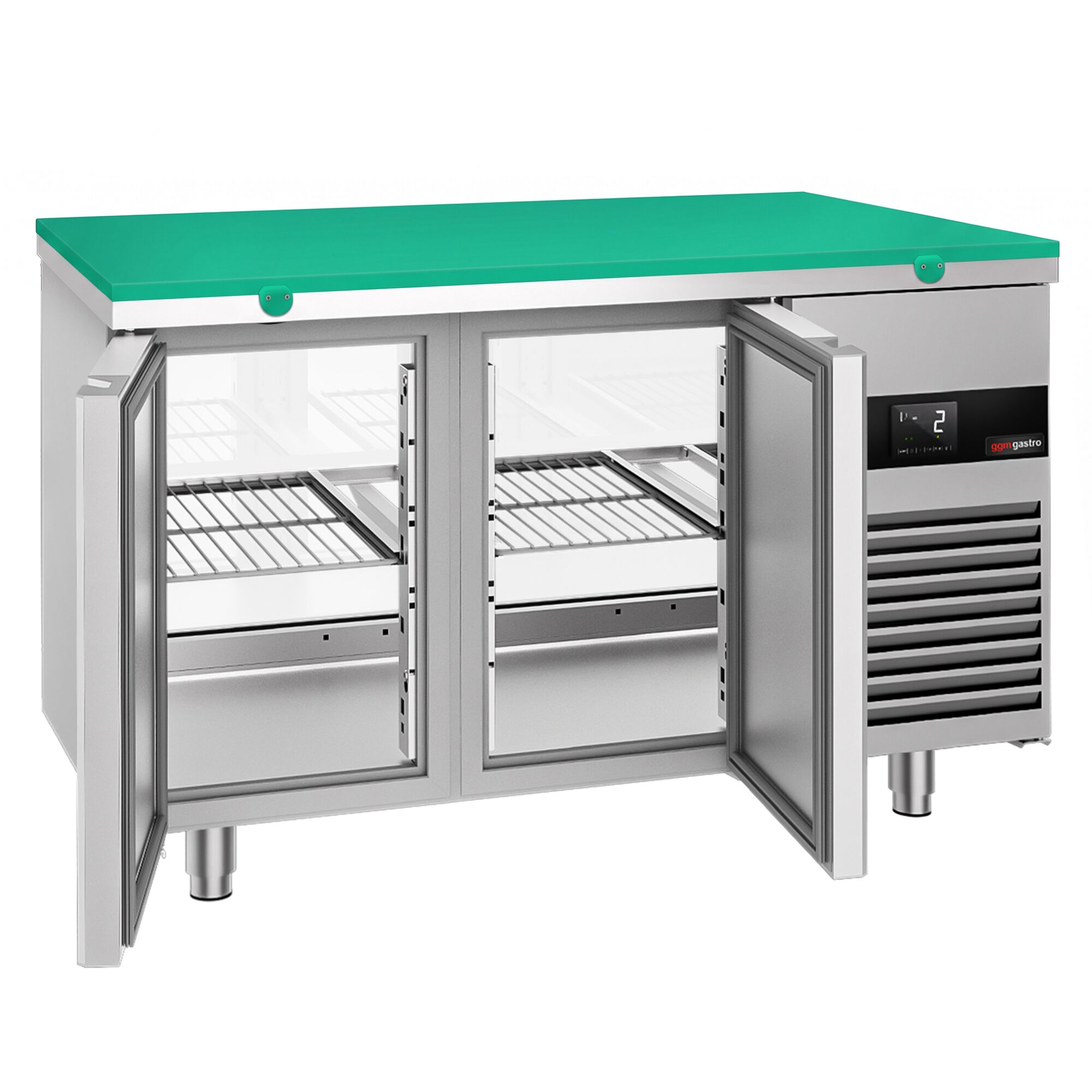 Refrigerated Counter – 1400 × 700 mm – Rear Side with 2 Doors – Glass Front – incl. Green Cutting Board