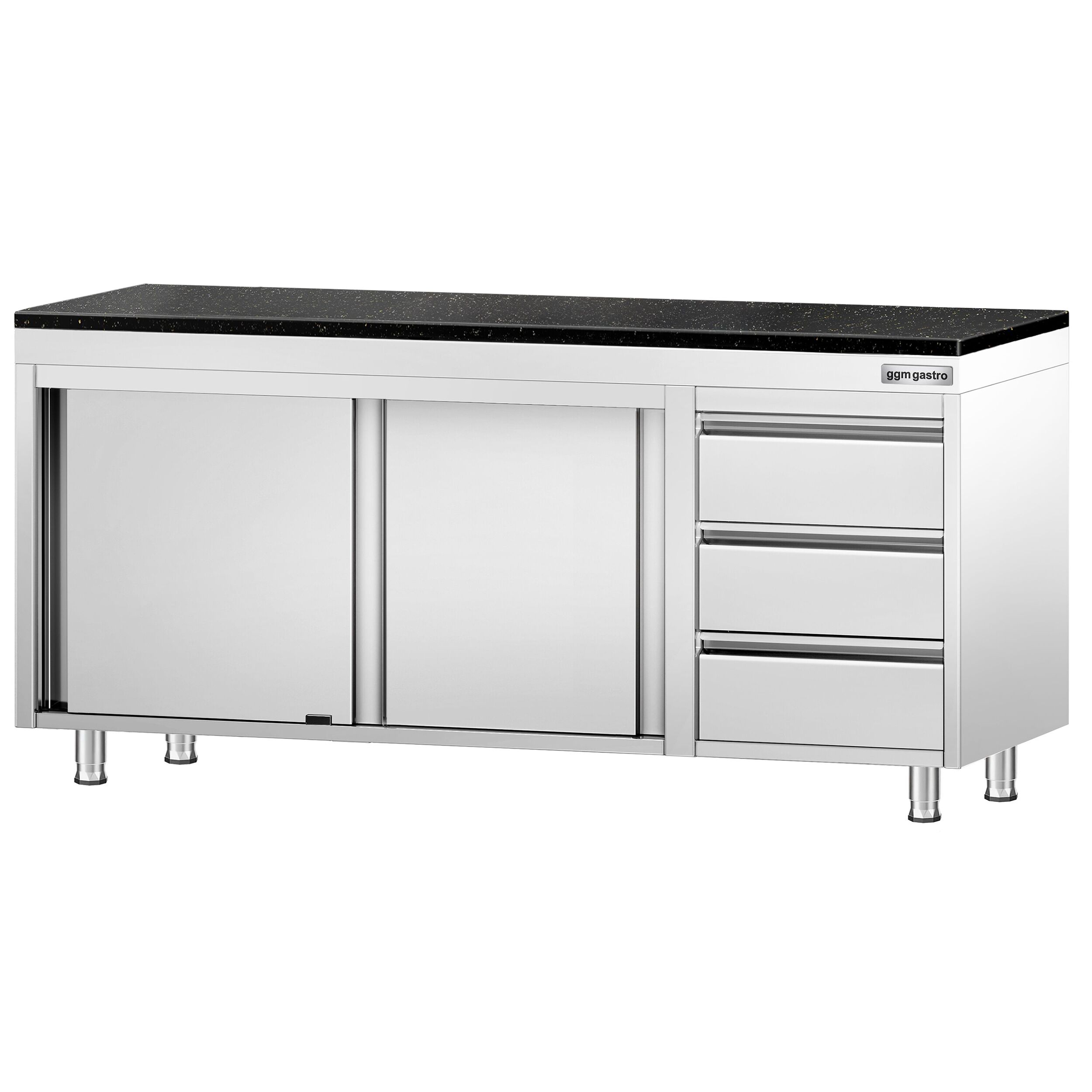 Roestvrijstalen werkkast PREMIUM - 2000 x 600 mm - met 3 lades rechts - incl. granieten werkblad
