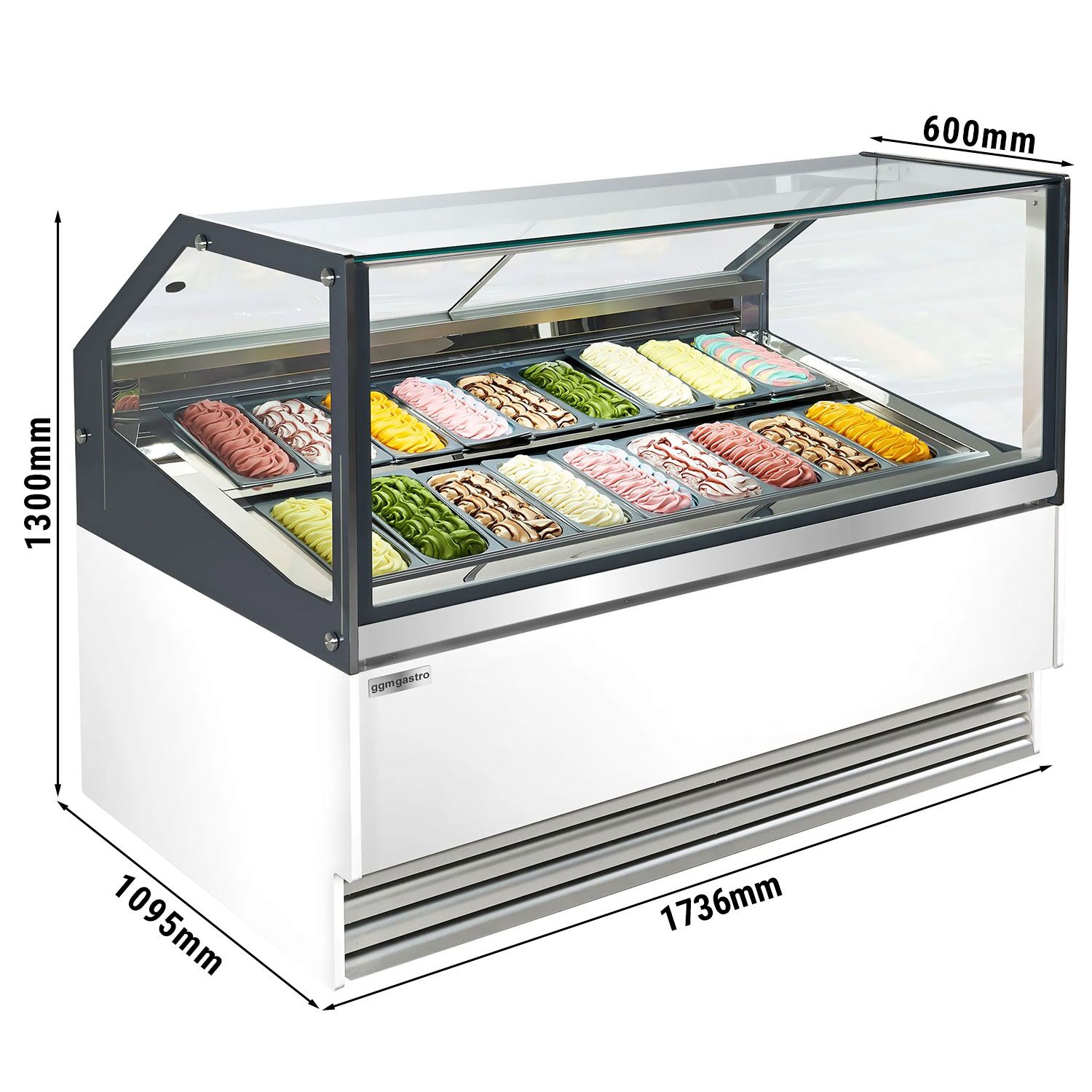 Vitrine à glace THEO – 1730 mm – refroidissement ventilé – pour 18 bacs à glace de 5 litres – Blanc