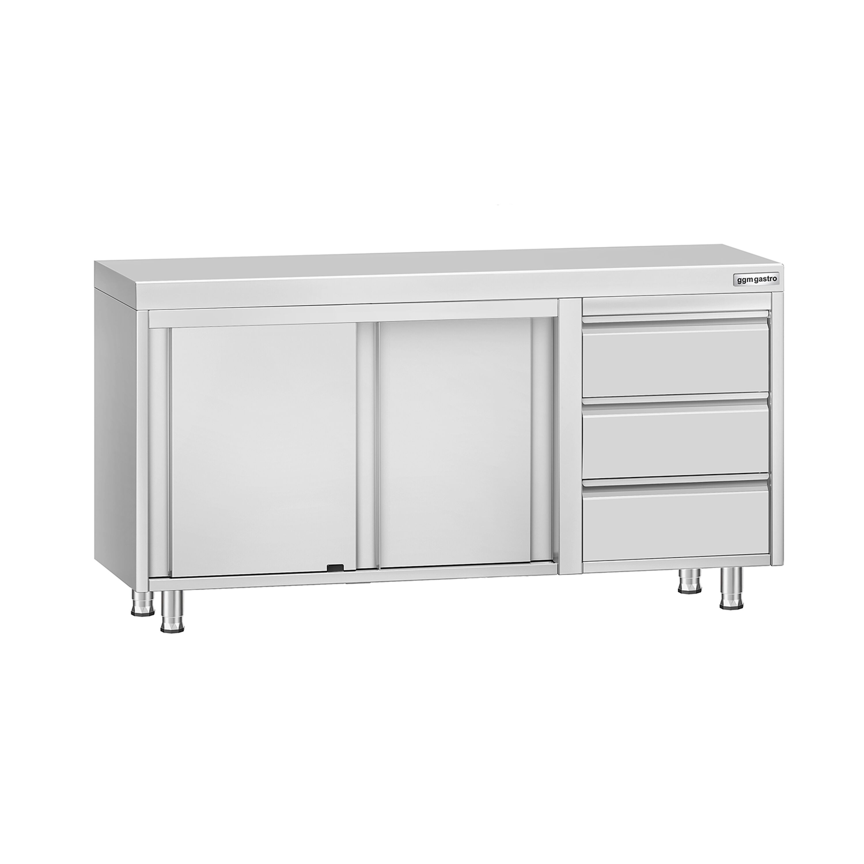 Table armoire en acier inoxydable ECO - 1400x600mm - avec 3 tiroirs à droite et portes coulissantes et étagère basse