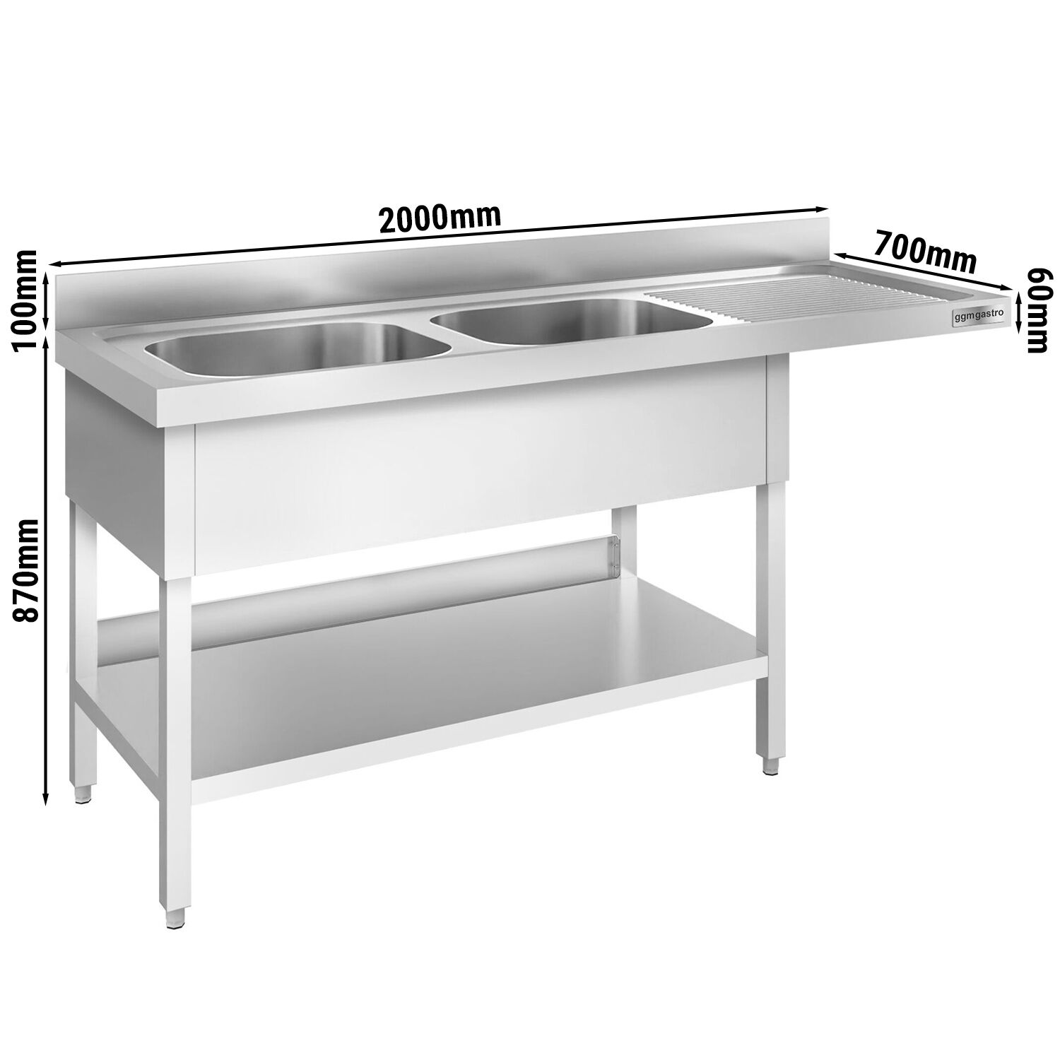 Plonge PREMIUM en acier inoxydable - 2000x700mm - 2 bacs - bac à gauche - adossée/avec dosseret