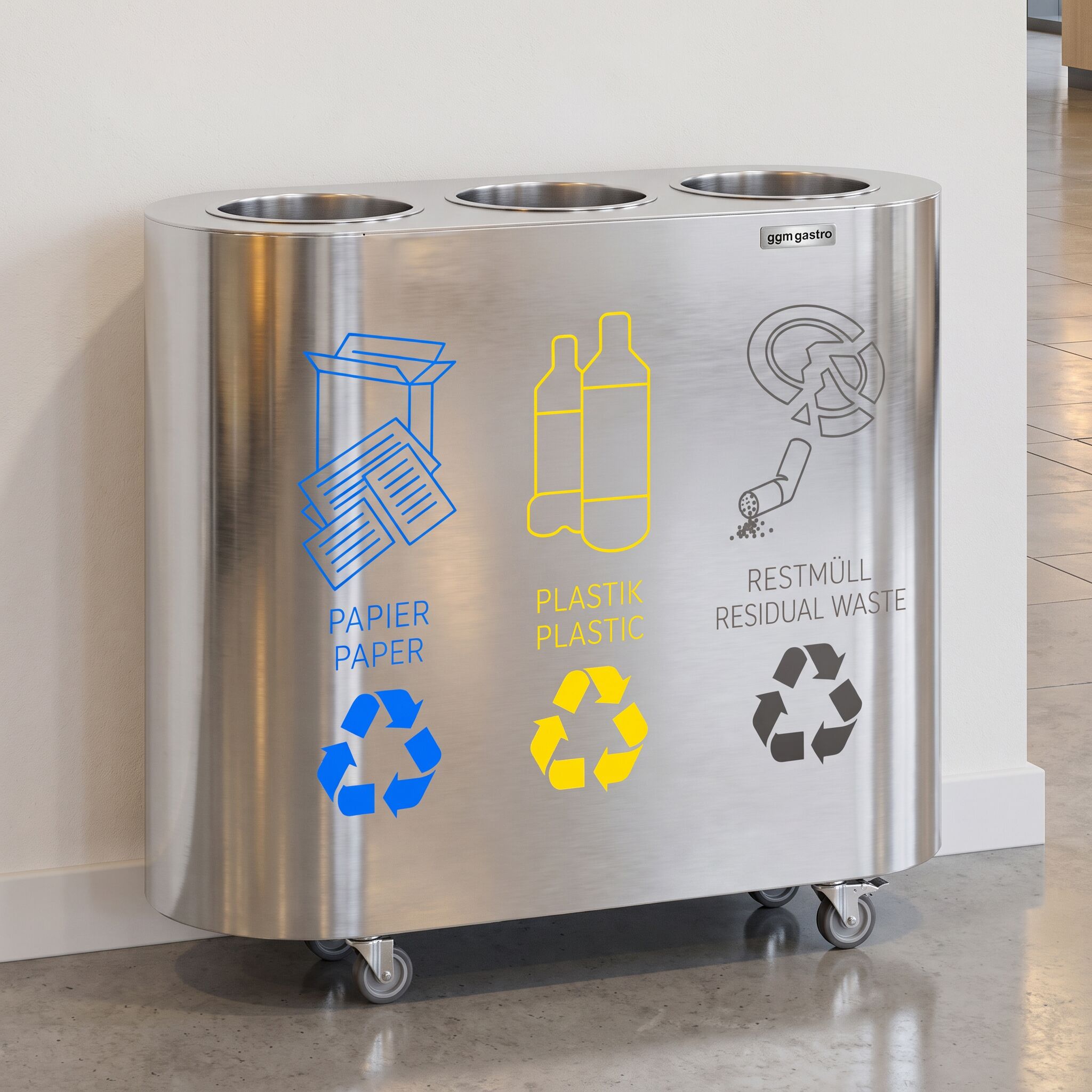 Waste sorting system – 3 bins, 30 litres each – stainless steel
