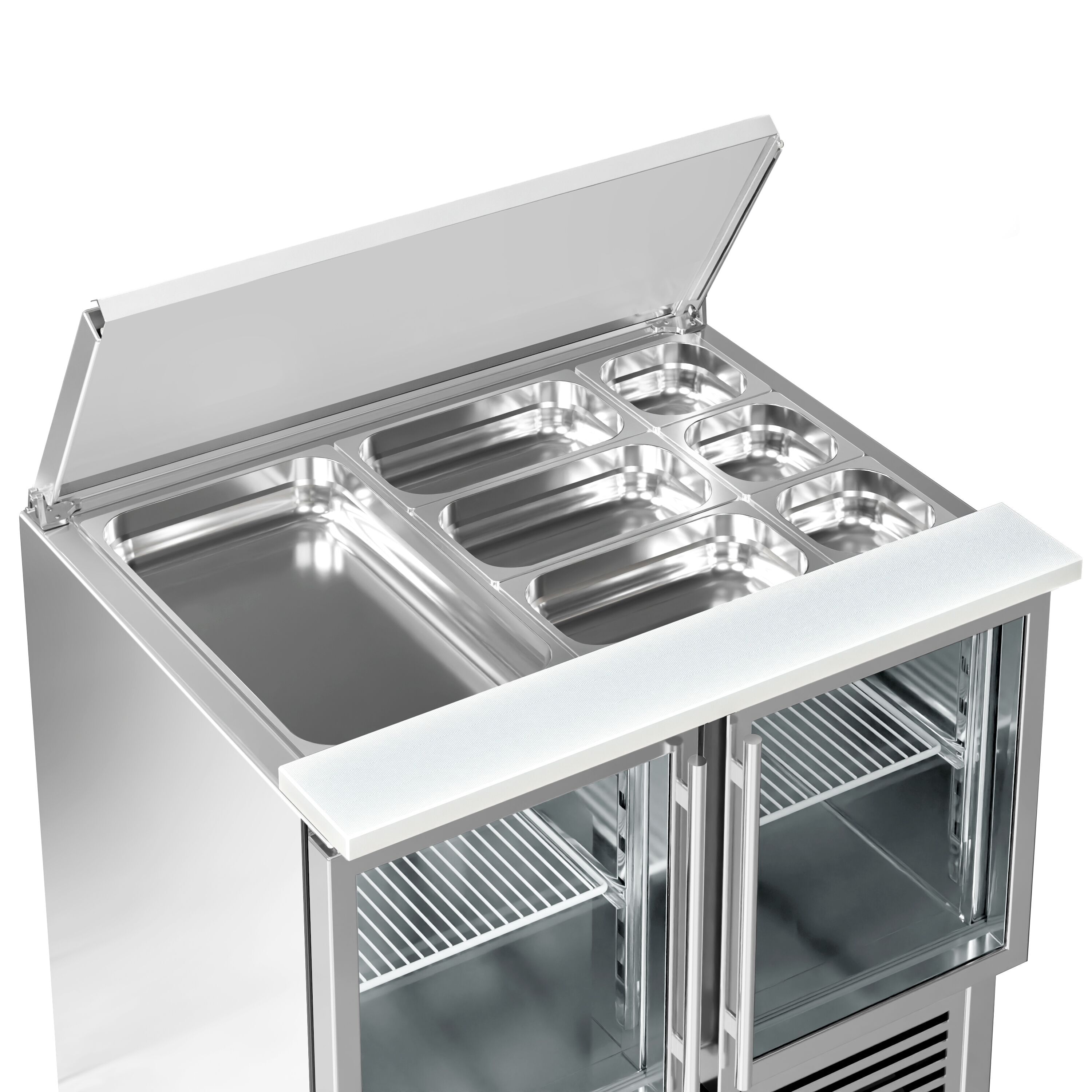 Saladette réfrigérée PREMIUM - 903mm - 240L - 2 portes vitrées - avec découpe pour 2x GN 1/1 & 3x GN 1/6 & Couvercle inox - plan de travail en granit noir