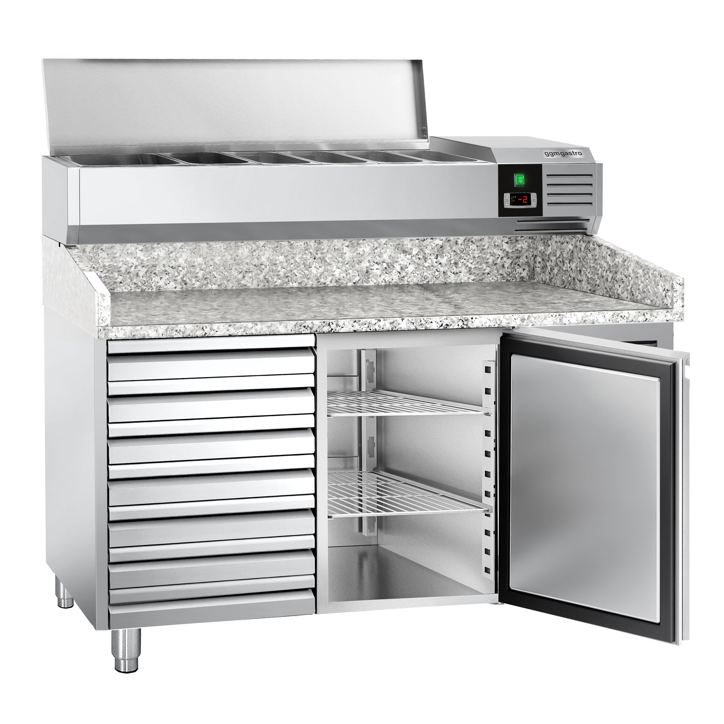 Table réfrigérée à pizza PREMIUM - 1500 x 800 mm - avec 1 porte et 7 tiroirs - incl. vitrine réfrigérée - 6 x GN 1/3