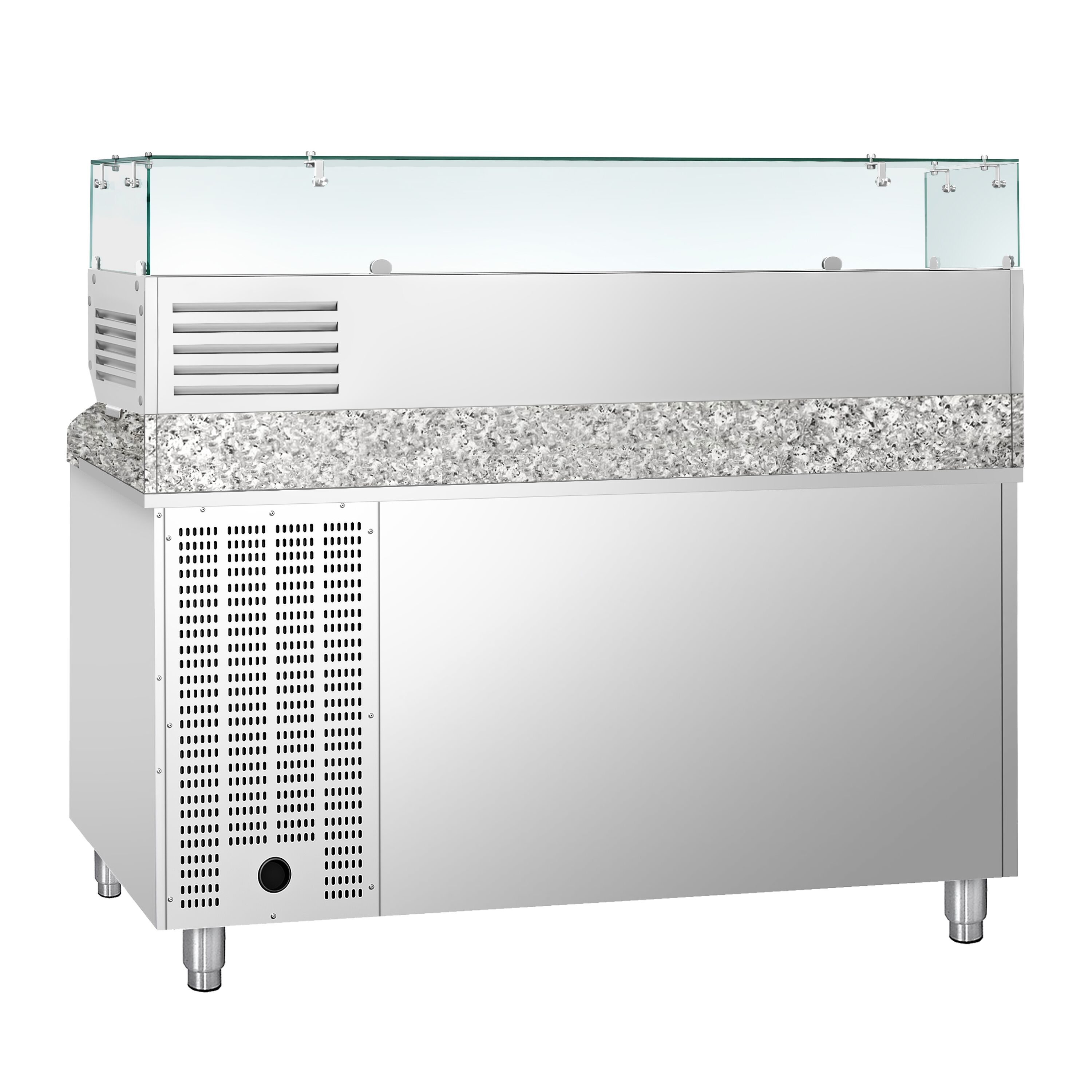 Pizzakylbänk ECO - 1500x800 mm - granitskiva - med 2 dörrar - inkl. kylränna med glastopp - 6x GN 1/3