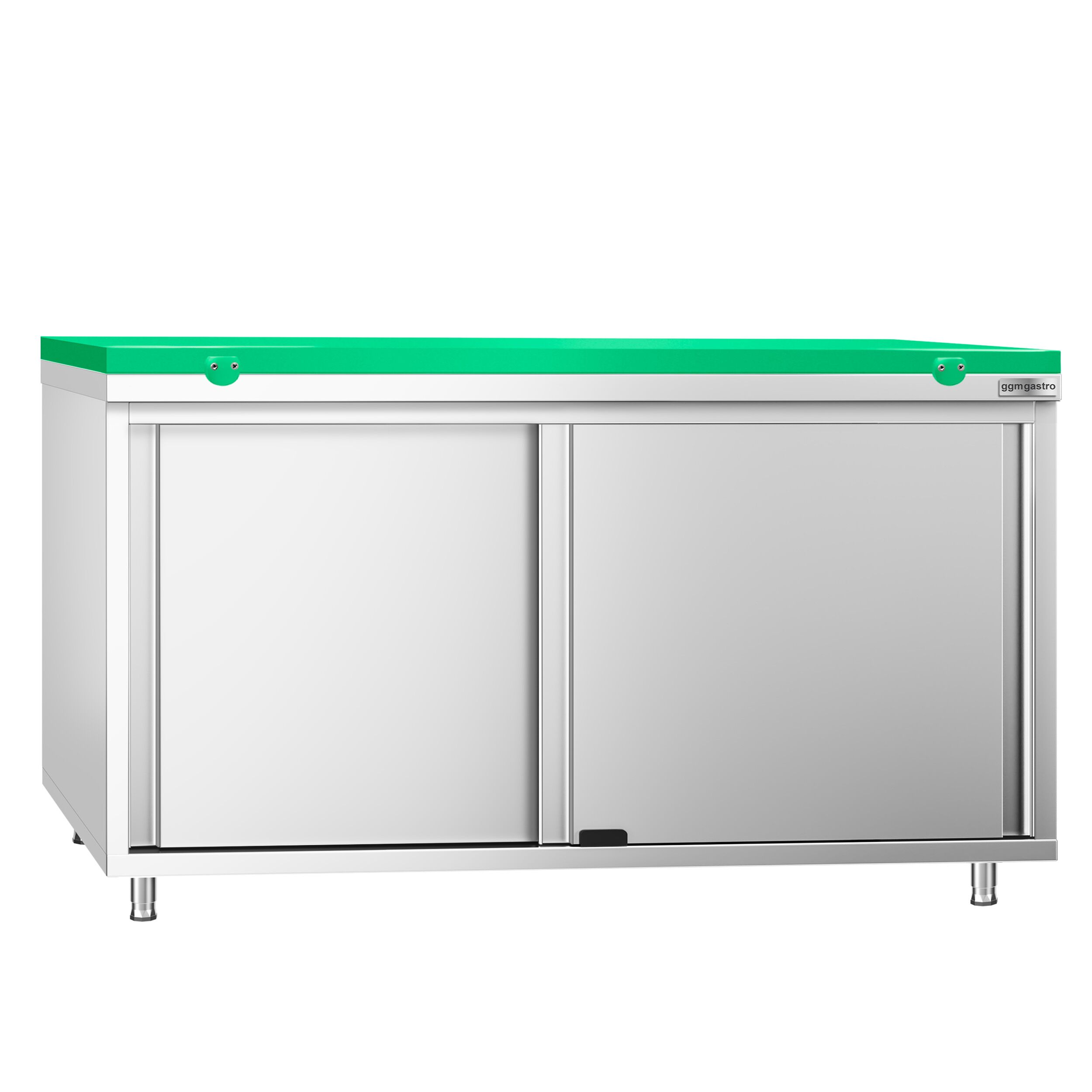 Table armoire en acier inoxydable PREMIUM - 1600x700mm - avec portes coulissantes et étagère basse - pour fruits et légumes - incl. plateau de découpe Vert PEHD (HACCP)