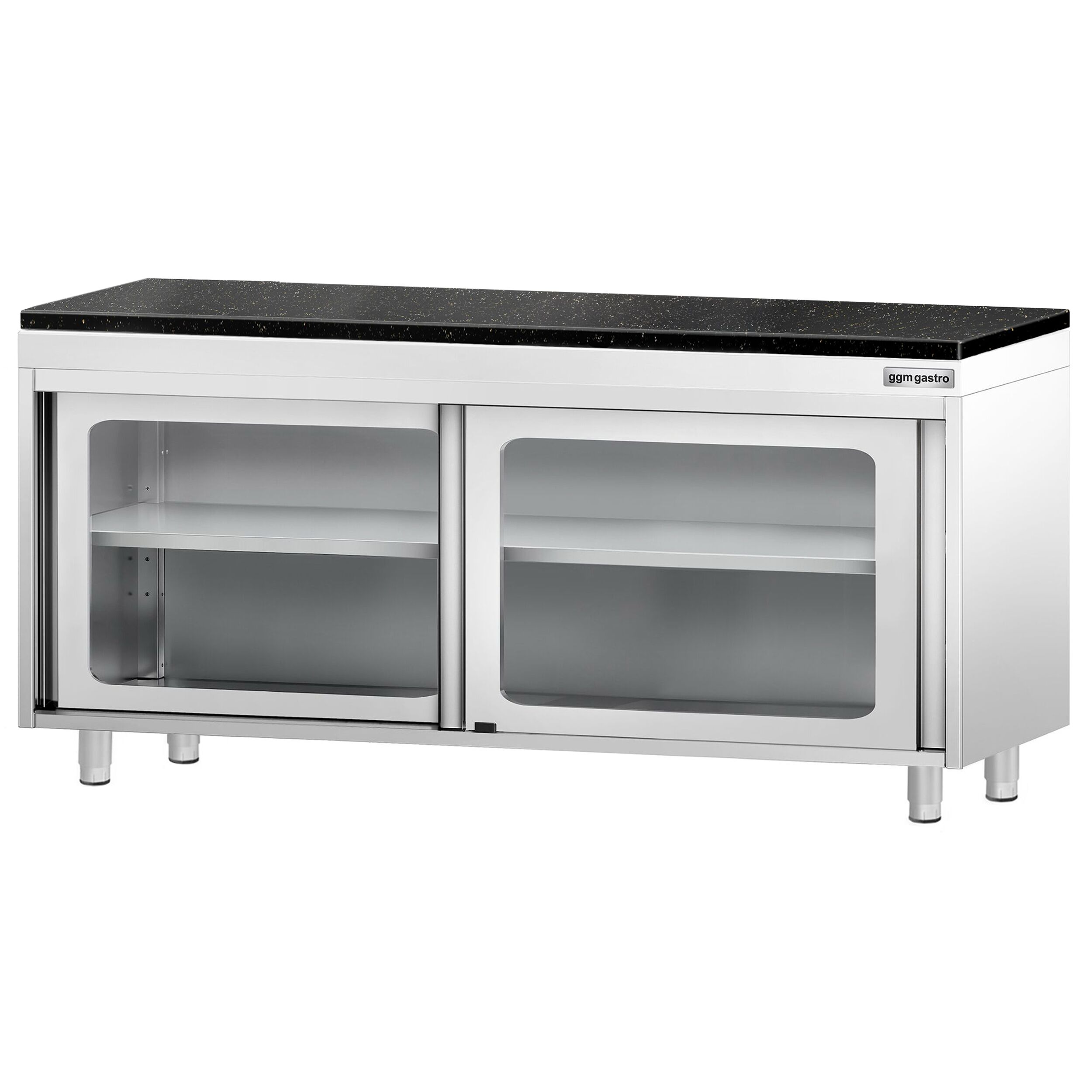 Roestvrijstalen werkkast PREMIUM - 1800 x 700 mm - met glazen schuifdeur - incl. granieten werkblad