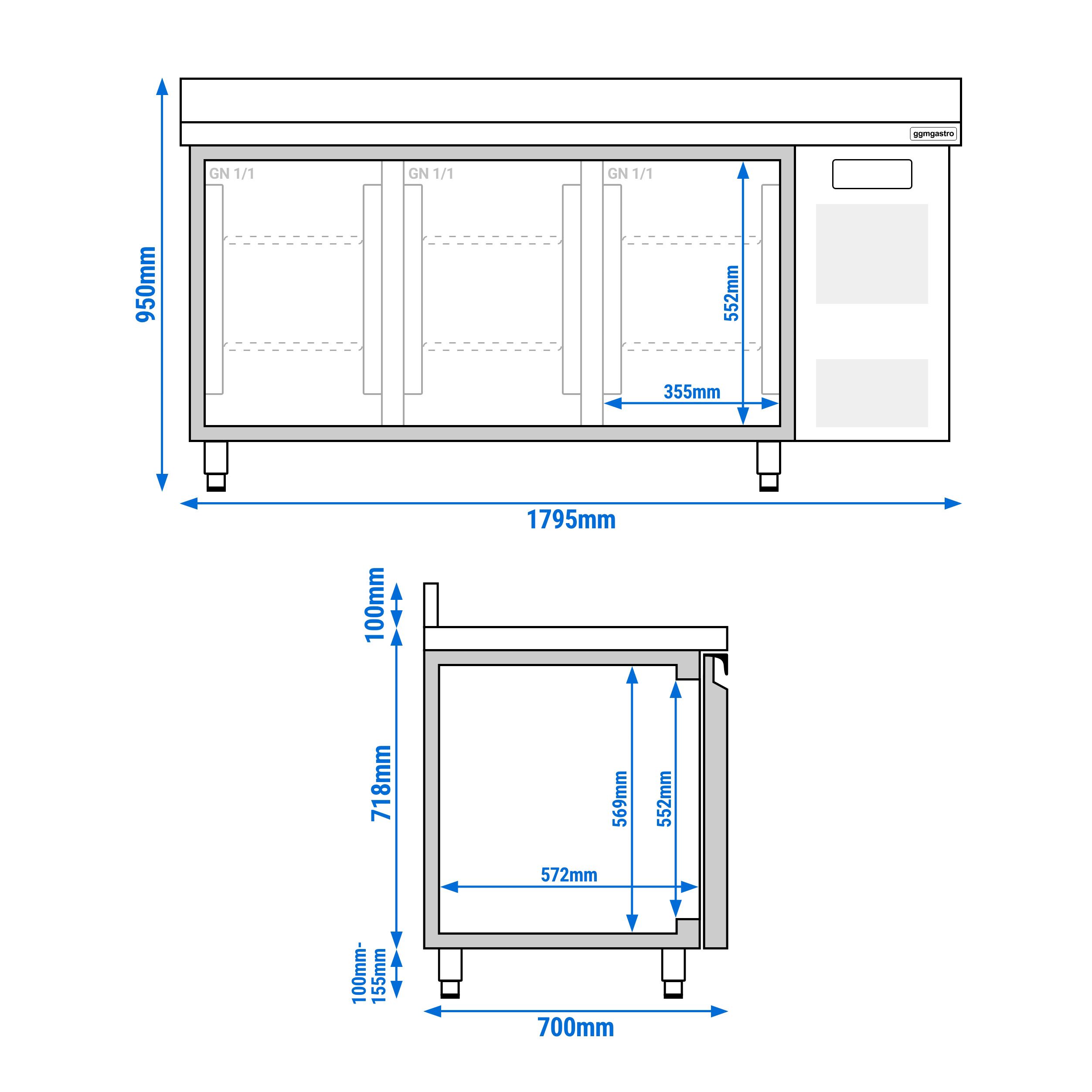 Table de refroidissement ECO - 1795x700mm - avec 3 portes