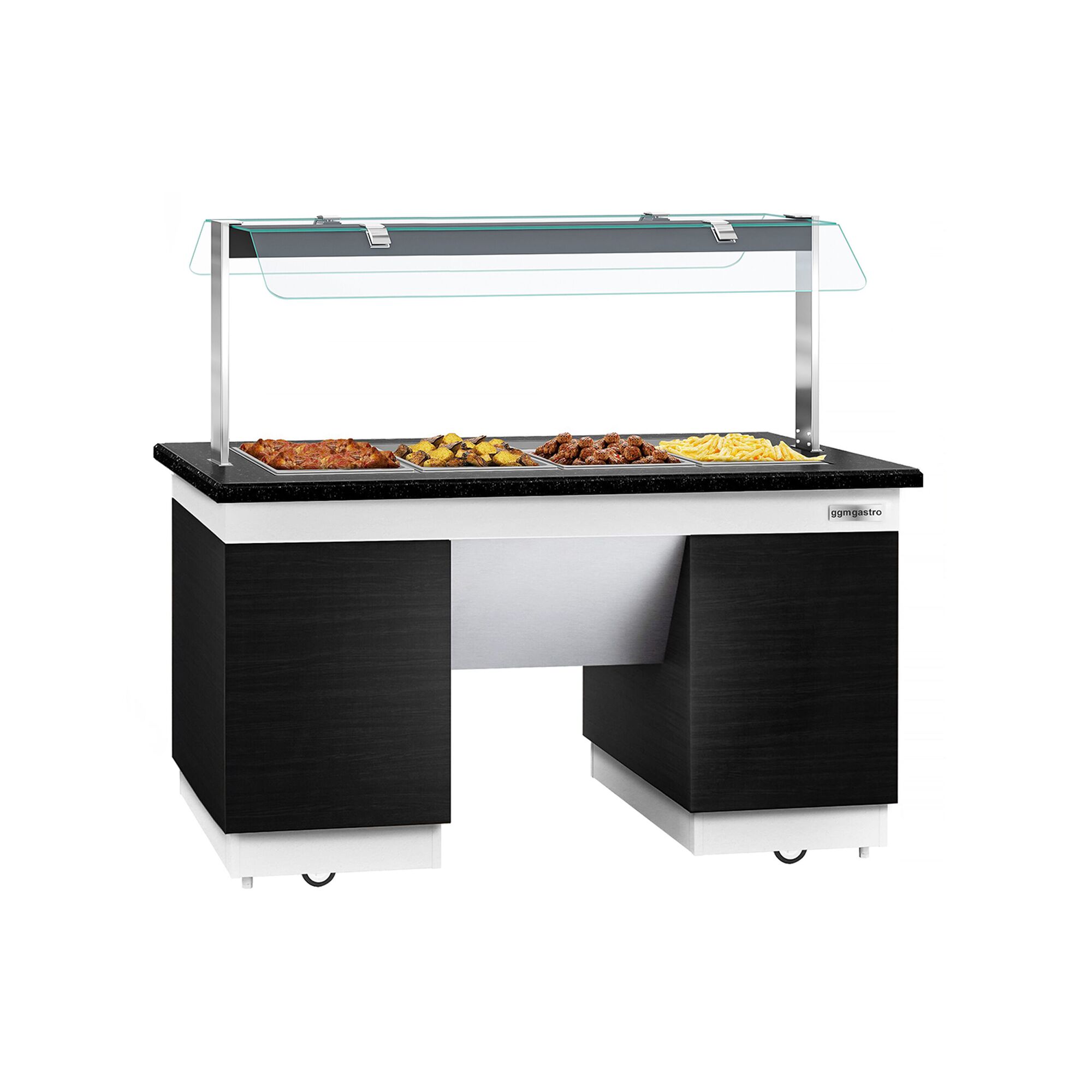 Buffet chaud DUBLIN - 1600mm - avec bain-marie - sur roulettes - pour 4x GN 1/1 - Noir