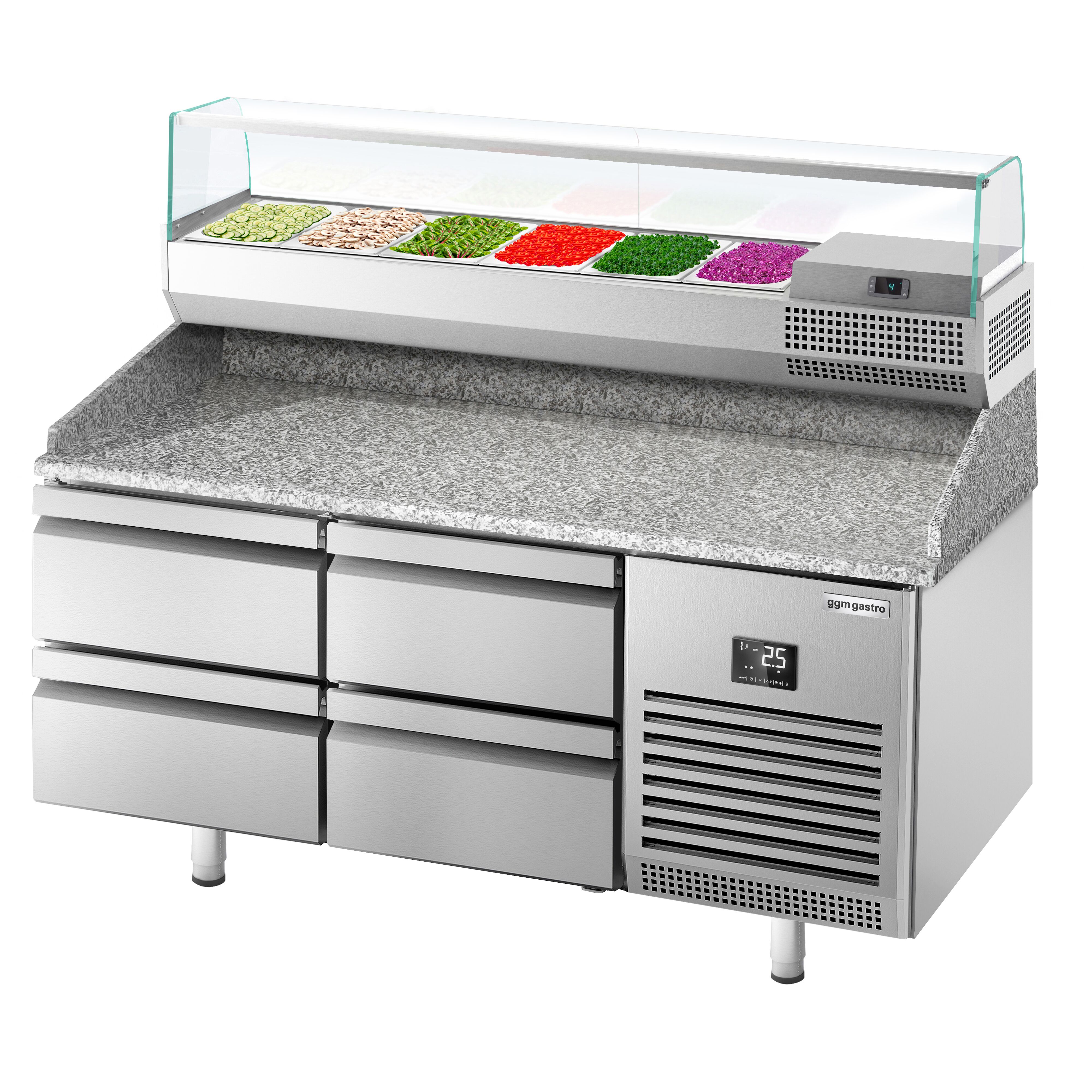 Table réfrigérée à pizza Premium PLUS - 1490x700 mm - avec 4 tiroirs - incl. vitrine réfrigérée - 6x GN 1/4