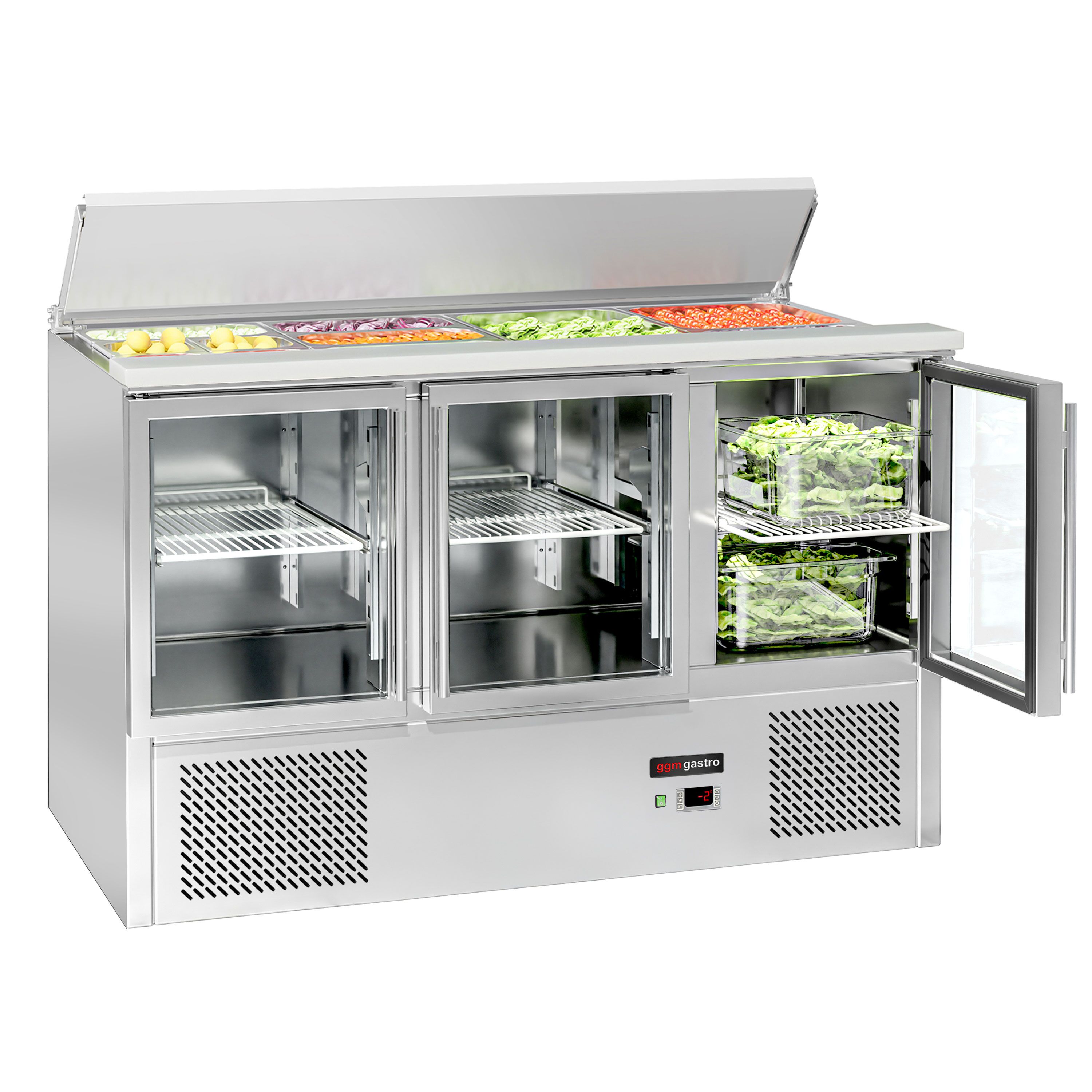 Saladette réfrigérée ECO - 1368mm - 368L - 3 portes vitrées - avec découpe pour 4x GN 1/1 & Couvercle inox
