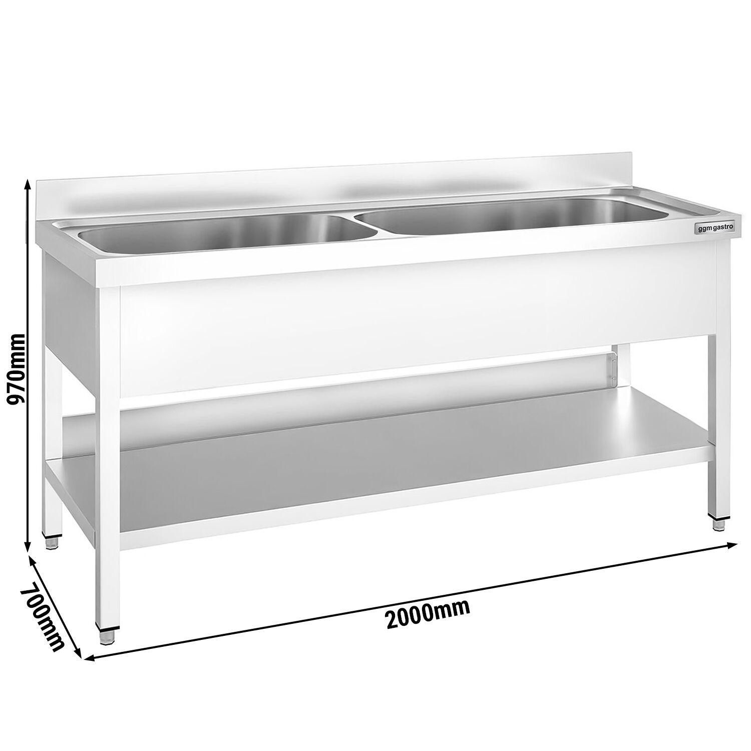 Plonge à marmites en inox PREMIUM - 2000x700mm - avec étagère basse & 2 bacs