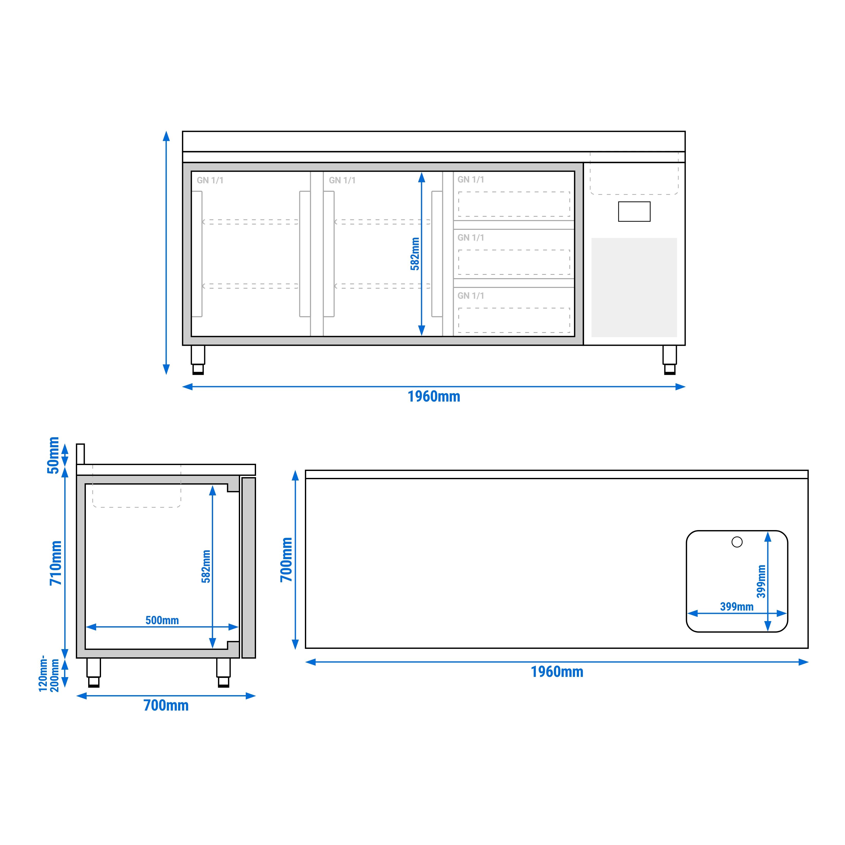 Table réfrigérée Premium PLUS - 1960 x 700 mm - avec 1 bac, 2 portes, 3 tiroirs - dosseret