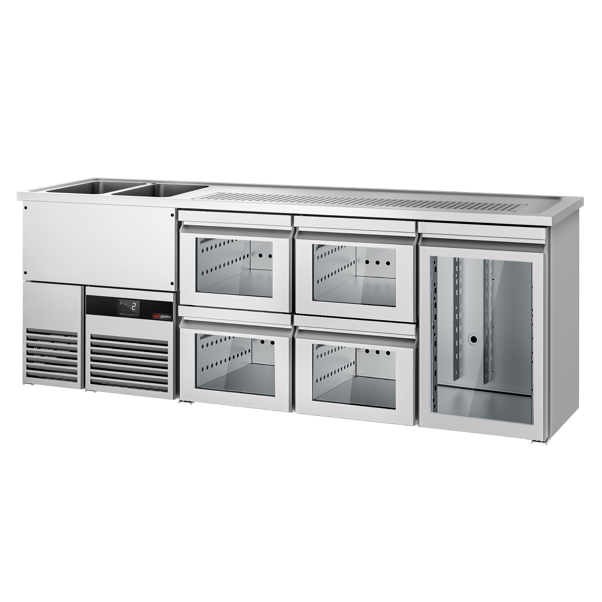 Comptoir de bar réfrigéré PREMIUM - 2500x700mm - 1 porte vitrée & 4 tiroirs en verre