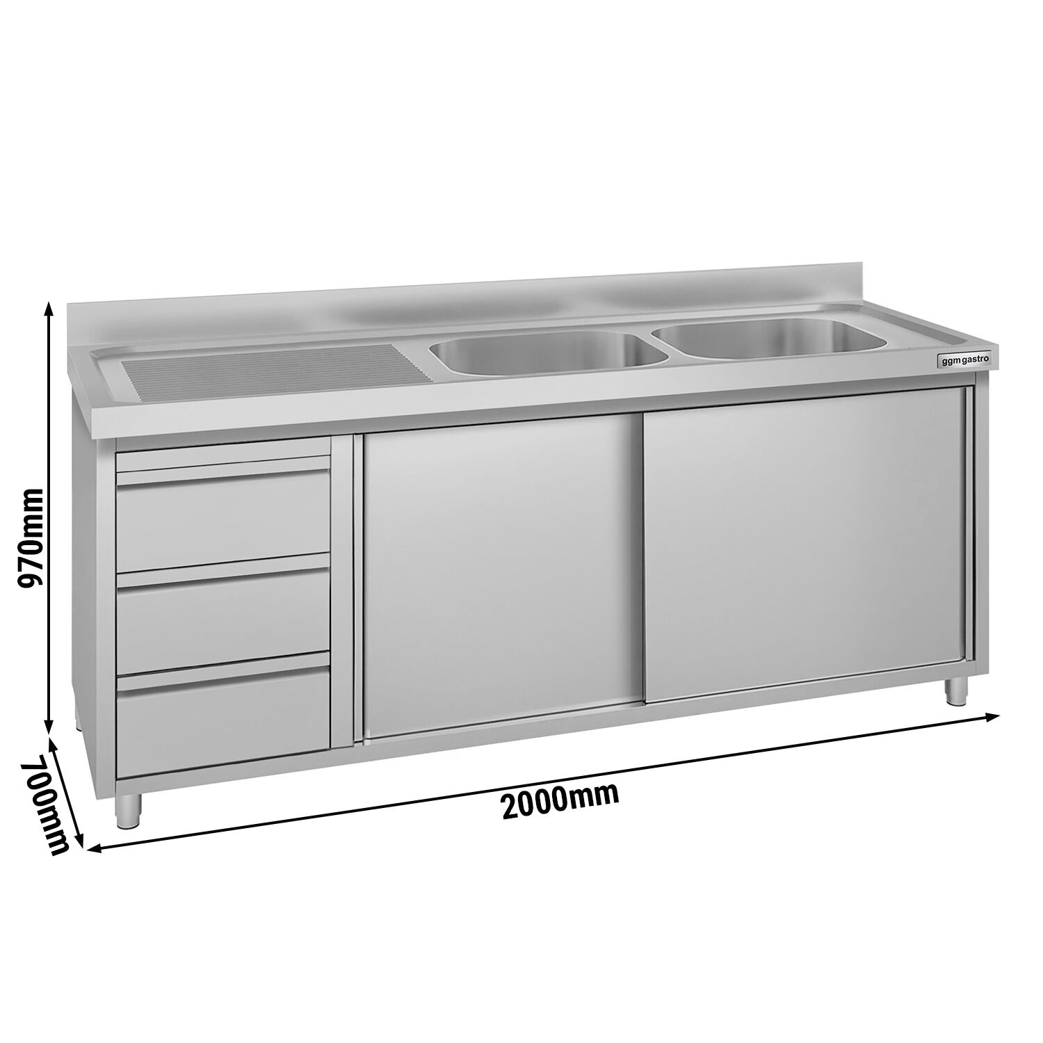 Meuble évier ECO - 2000 x 700 mm - avec 3 tiroirs & 2 bacs à droite