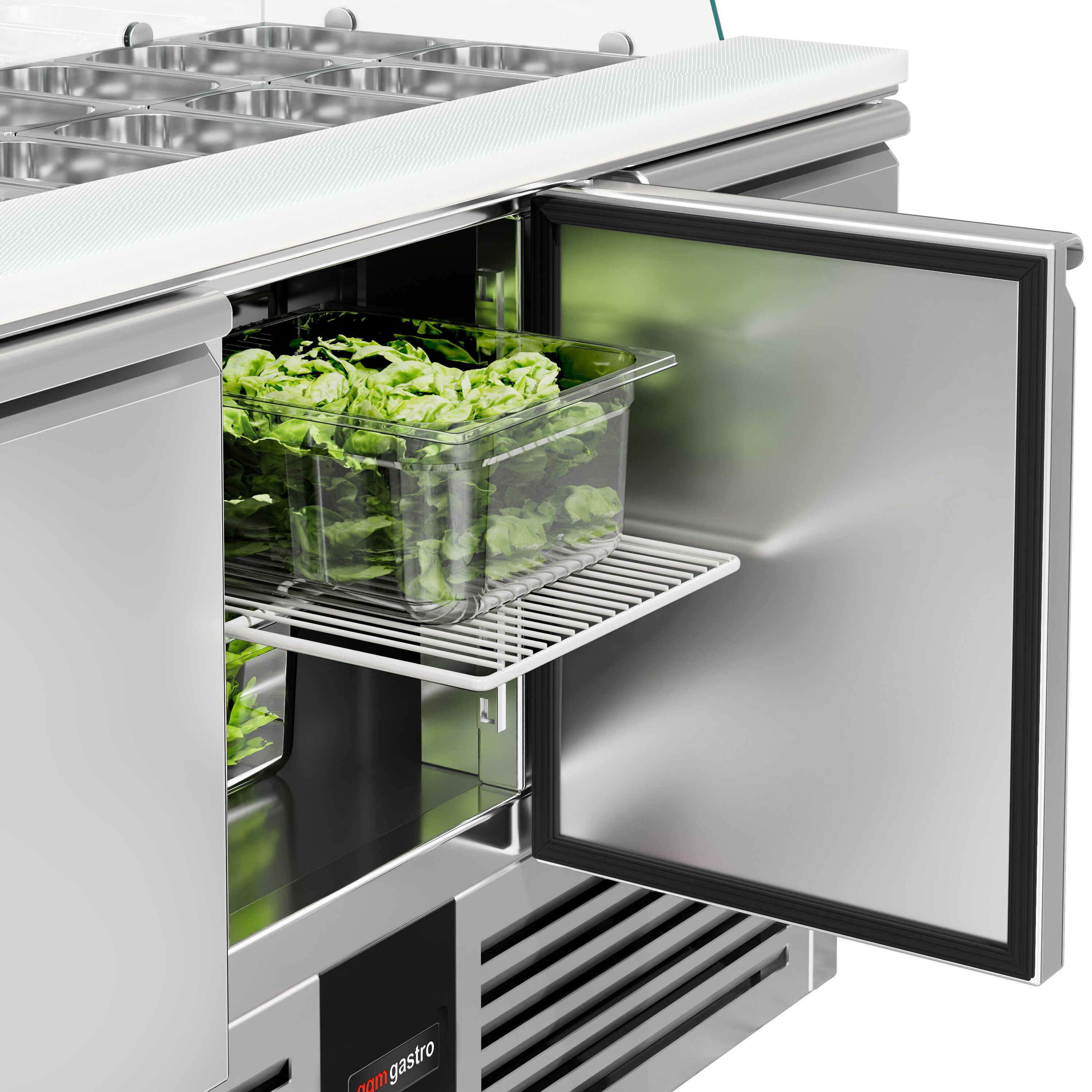 Saladette réfrigérée PREMIUM - 1368mm - 368L - 3 portes - avec vitrine de comptoir pour 4x GN 1/1