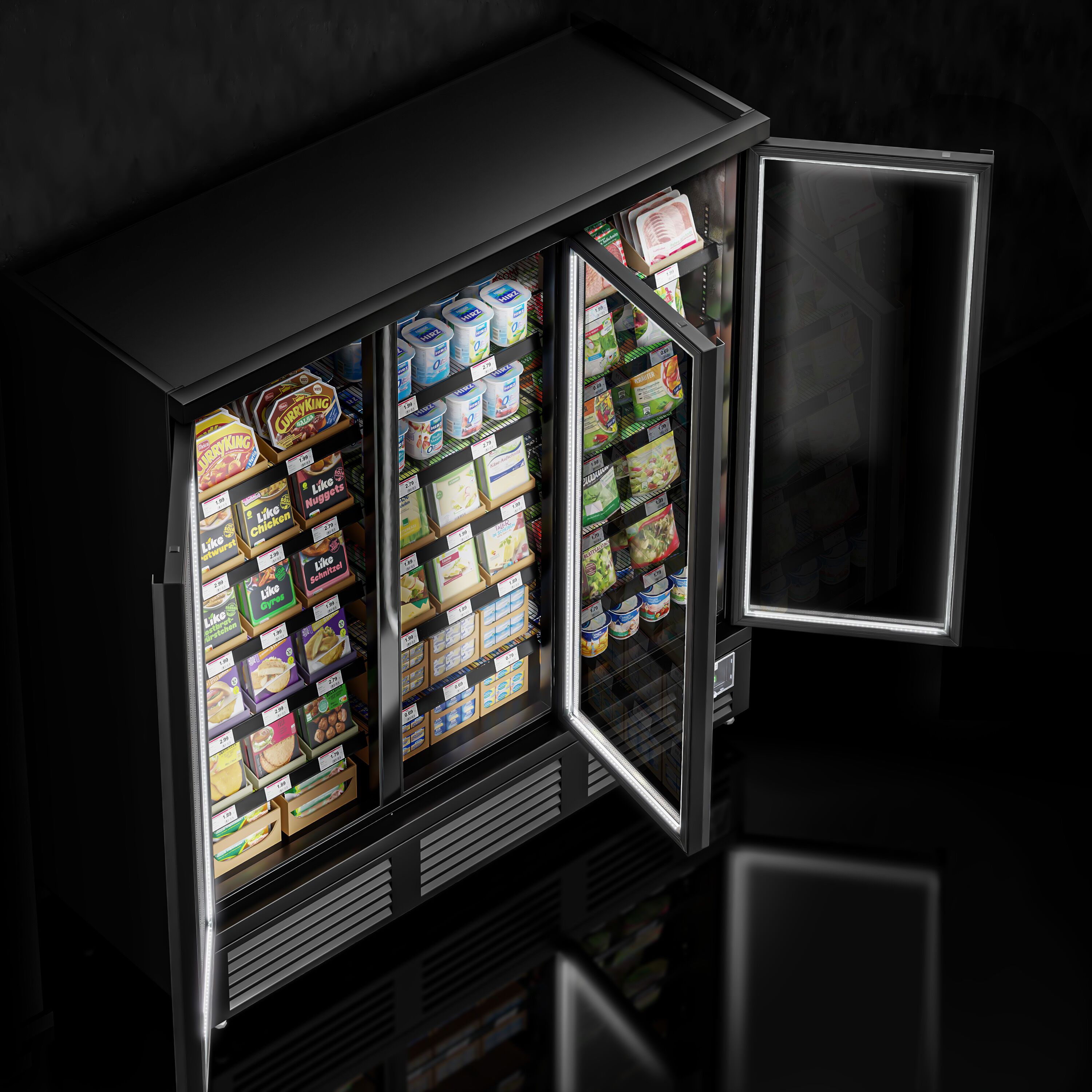Commercial multideck display fridge - 1890mm - 1539L - with 3 double‑glazed hinged glass doors & 5 shelves - Black