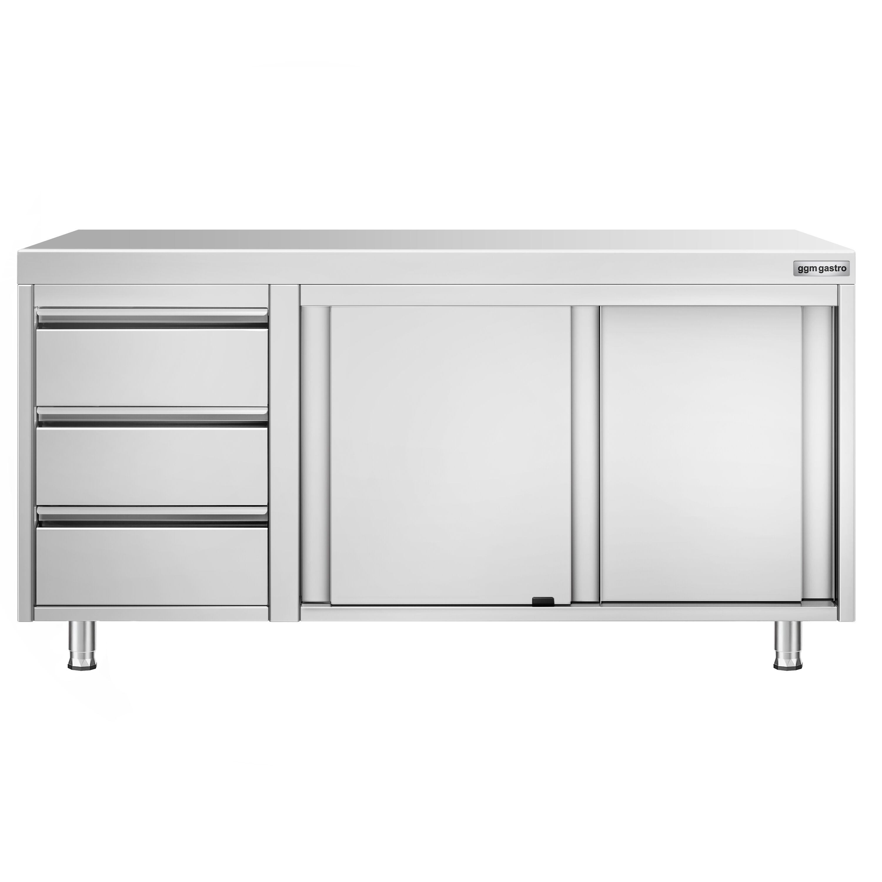 Table armoire en acier inoxydable PREMIUM - 1600x600mm - avec portes coulissantes et étagère basse - avec 3 tiroirs à gauche