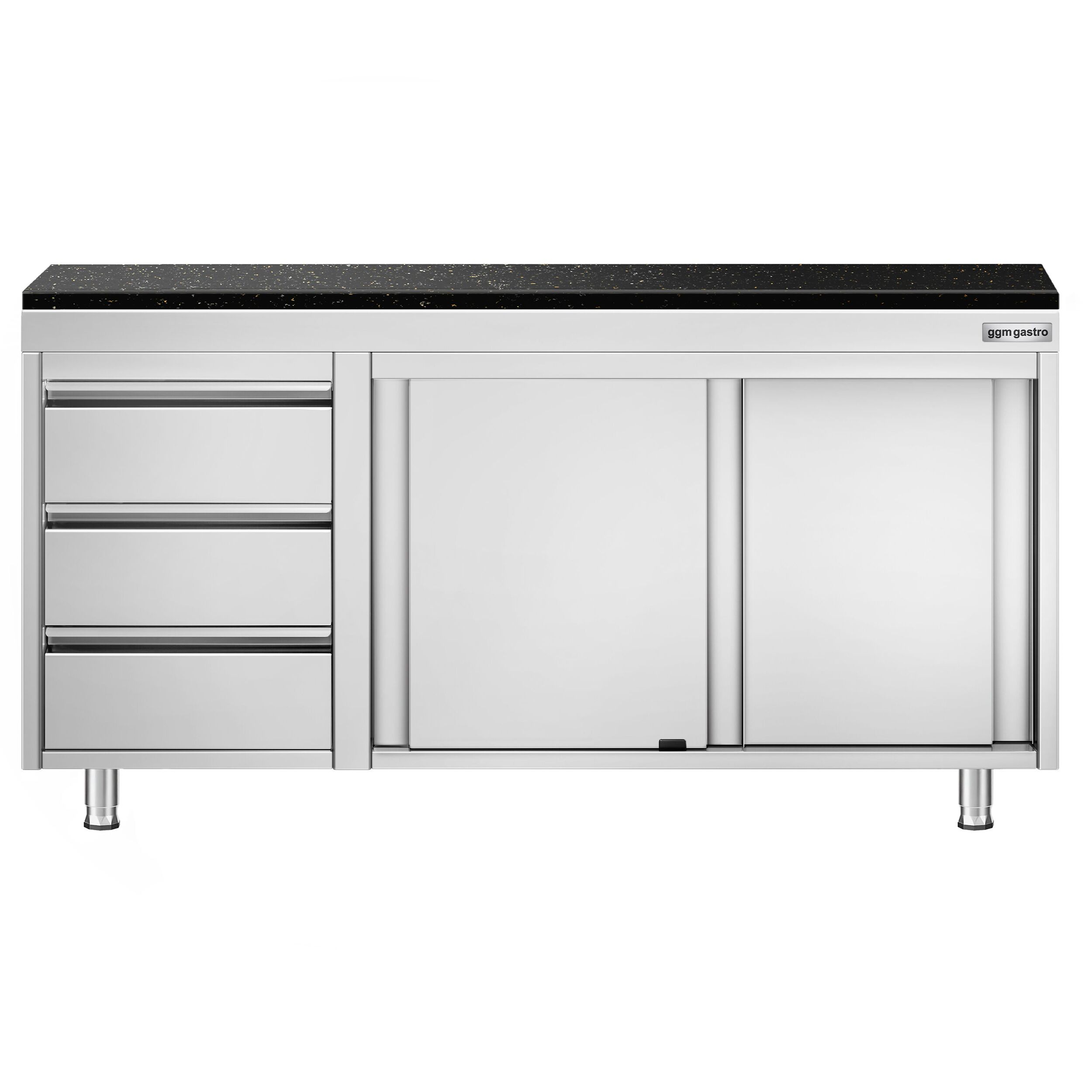 Roestvrijstalen werkkast PREMIUM - 1600 x 600 mm - met 3 lades links - incl. granieten werkblad