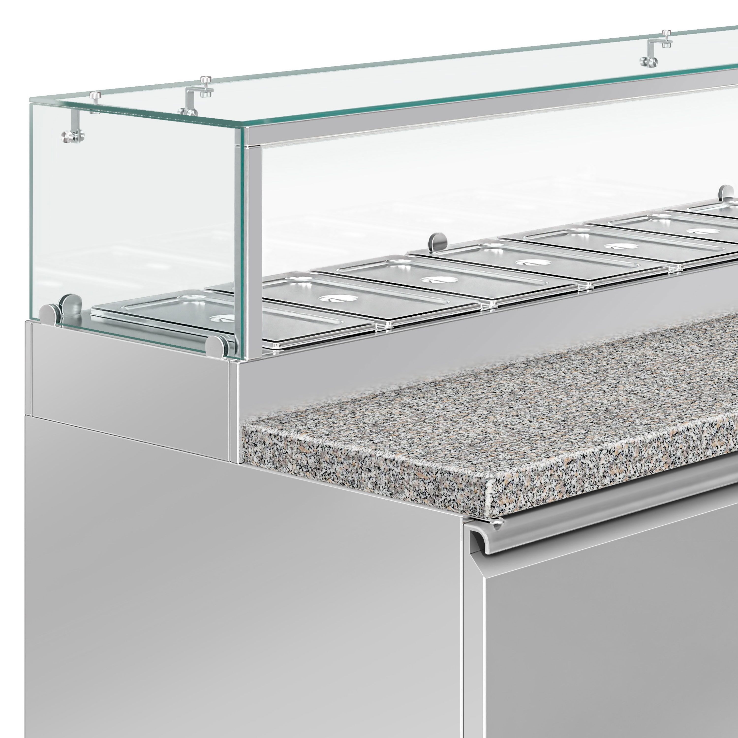 Saladette réfrigérée PREMIUM - 2020mm - 3 portes - avec vitrine de comptoir pour 10x GN 1/3 & 1 étagère - plan de travail en granit noir