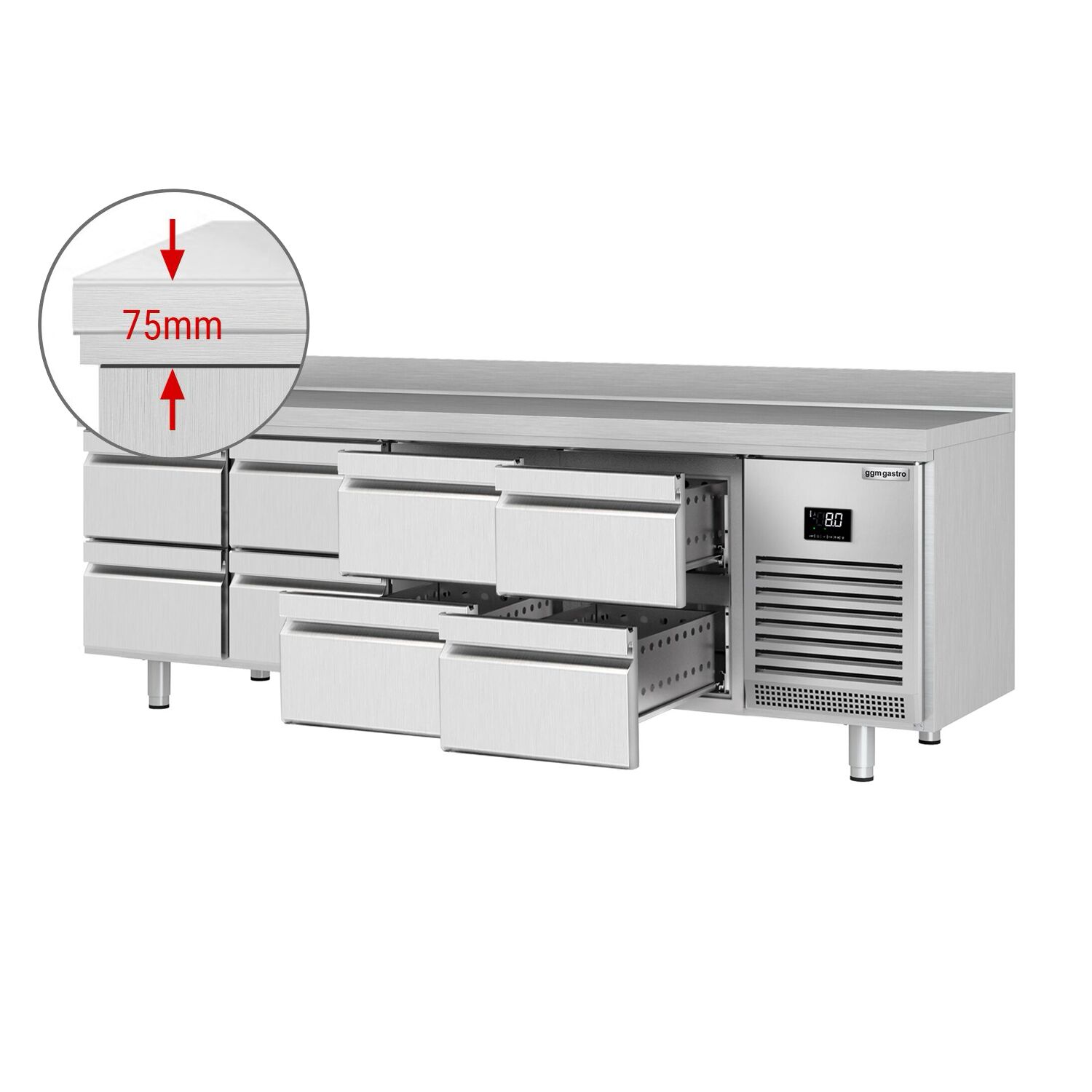 Table réfrigérée Premium PLUS - 2452 x 700 mm - 8 tiroirs - avec dosseret