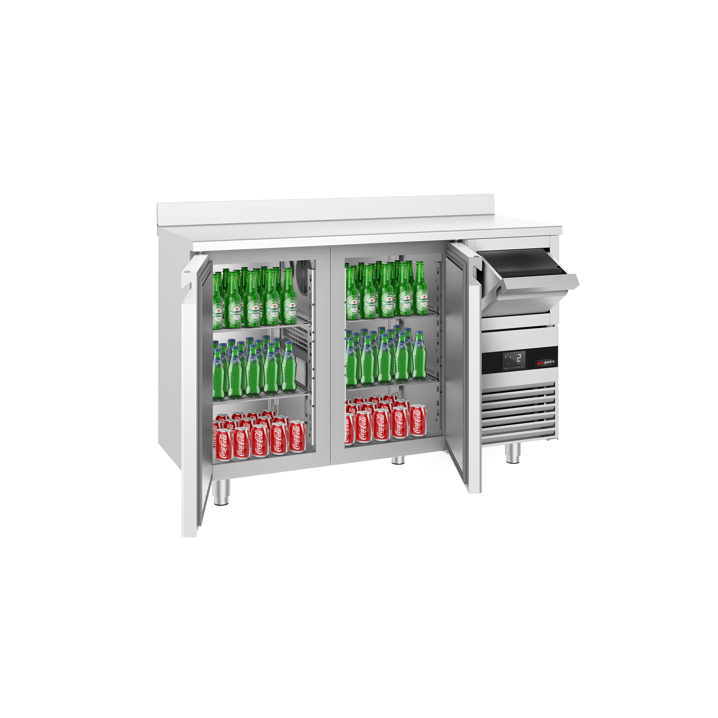 Arrière-bar réfrigéré professionnel  PREMIUM - 1580 x 600 mm - avec 2 portes - avec dosseret - avec tiroir à marc de café