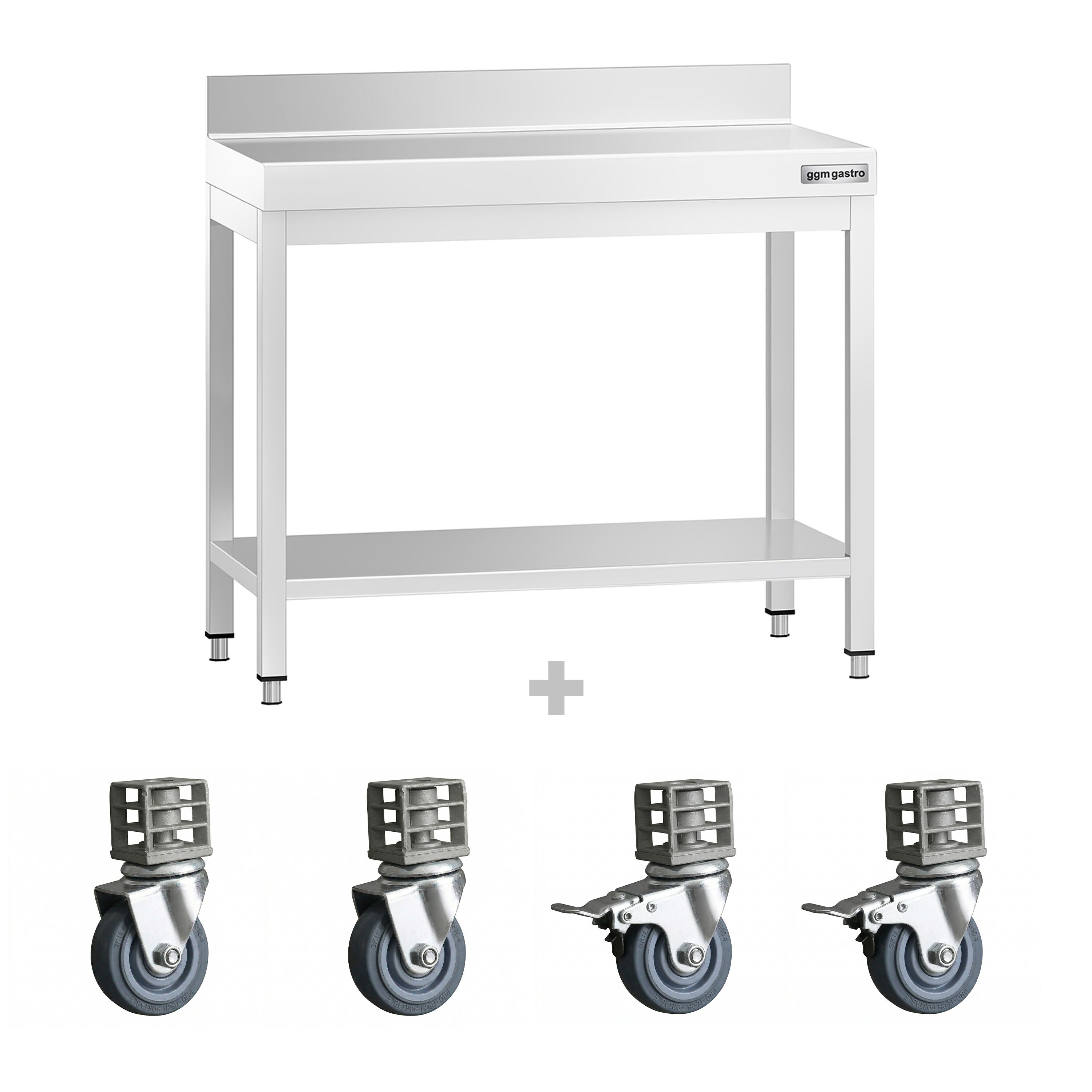 Table de travail en inox PREMIUM - 800 x 600 mm - avec tablette inférieure, dosseret et roulettes