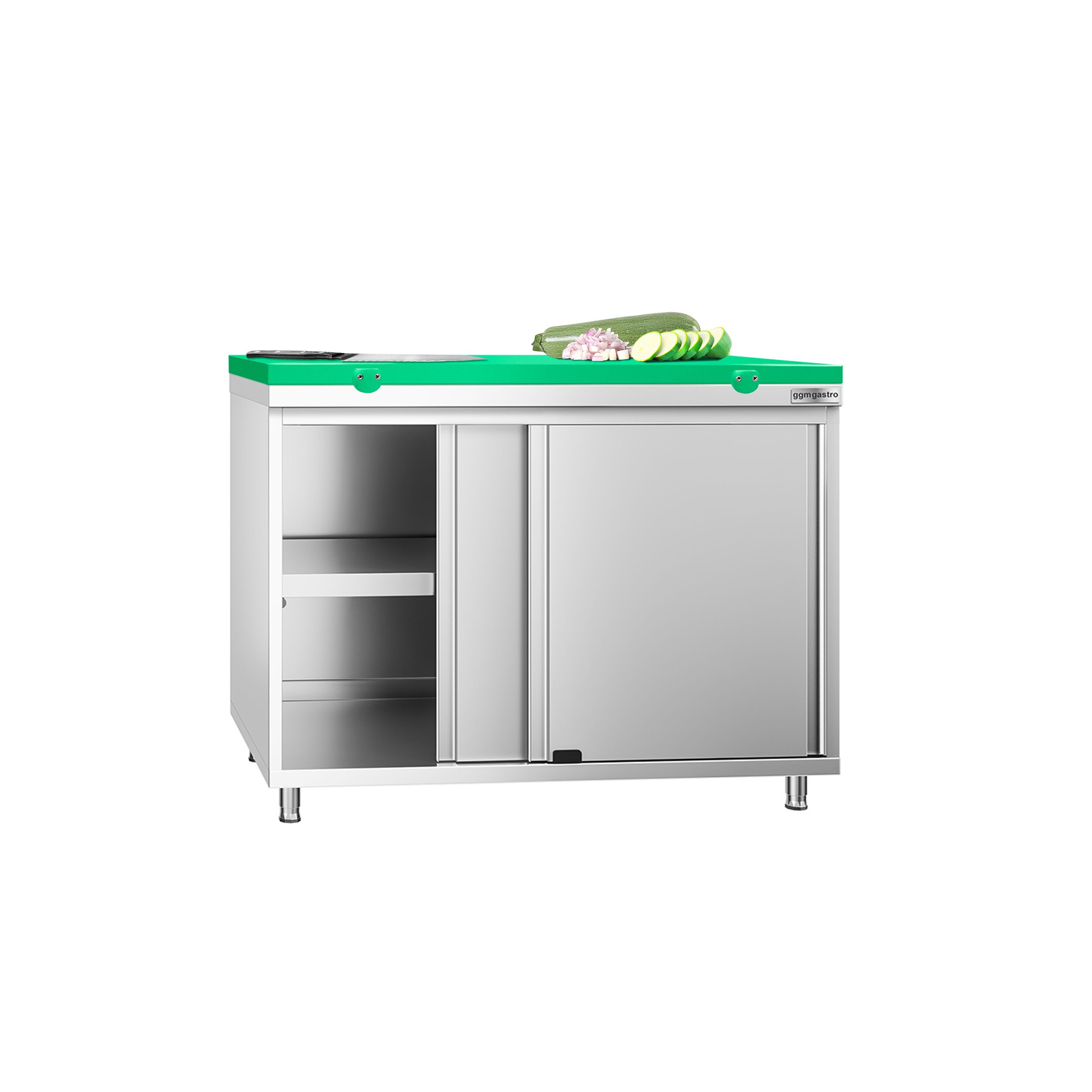 Table armoire en acier inoxydable PREMIUM - 1000x700mm - avec portes coulissantes - pour fruits et légumes - incl. plateau de découpe Vert PEHD (HACCP)
