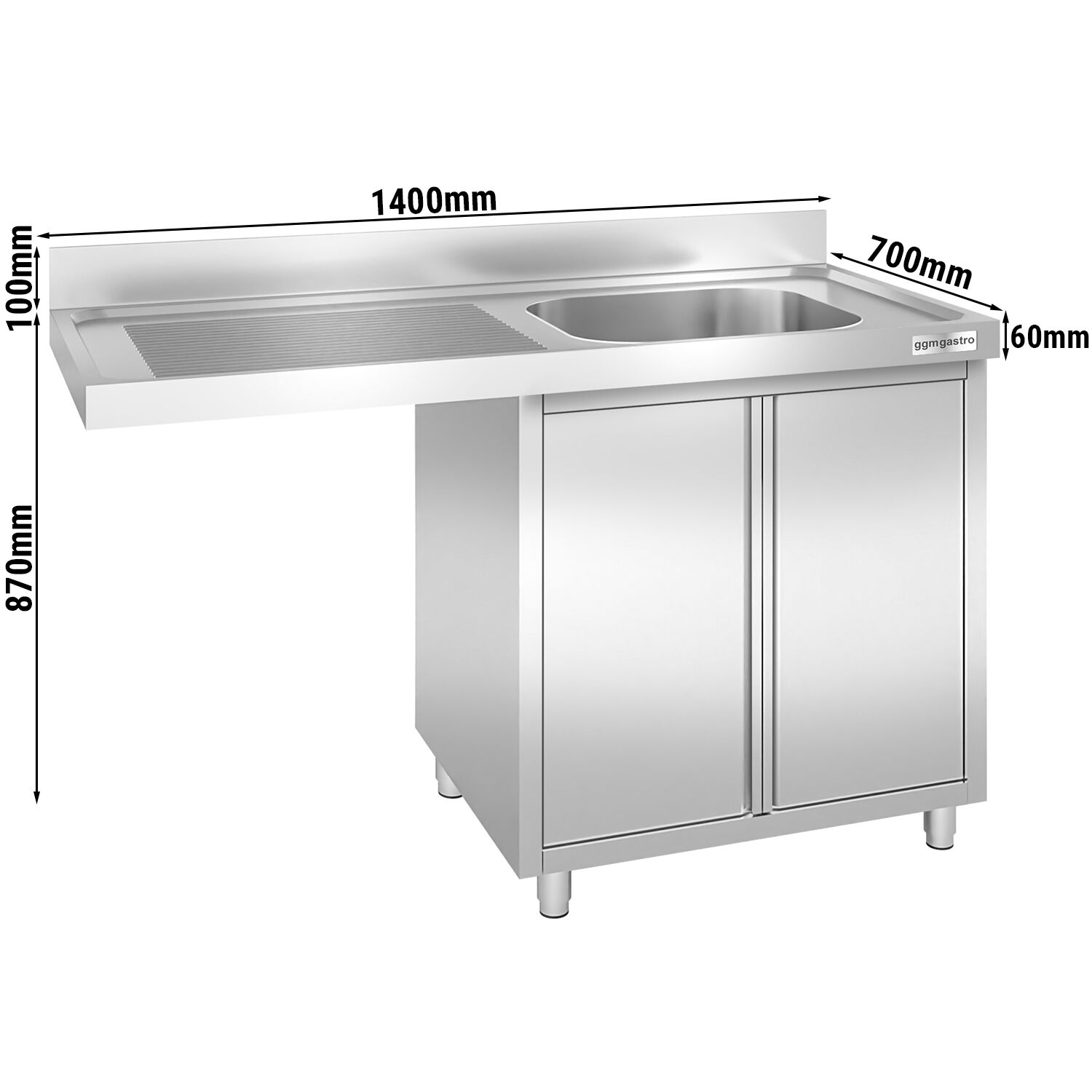 Plonge inox professionnelle PREMIUM - 1400x700mm - 1 bac à droite - avec égouttoir à gauche