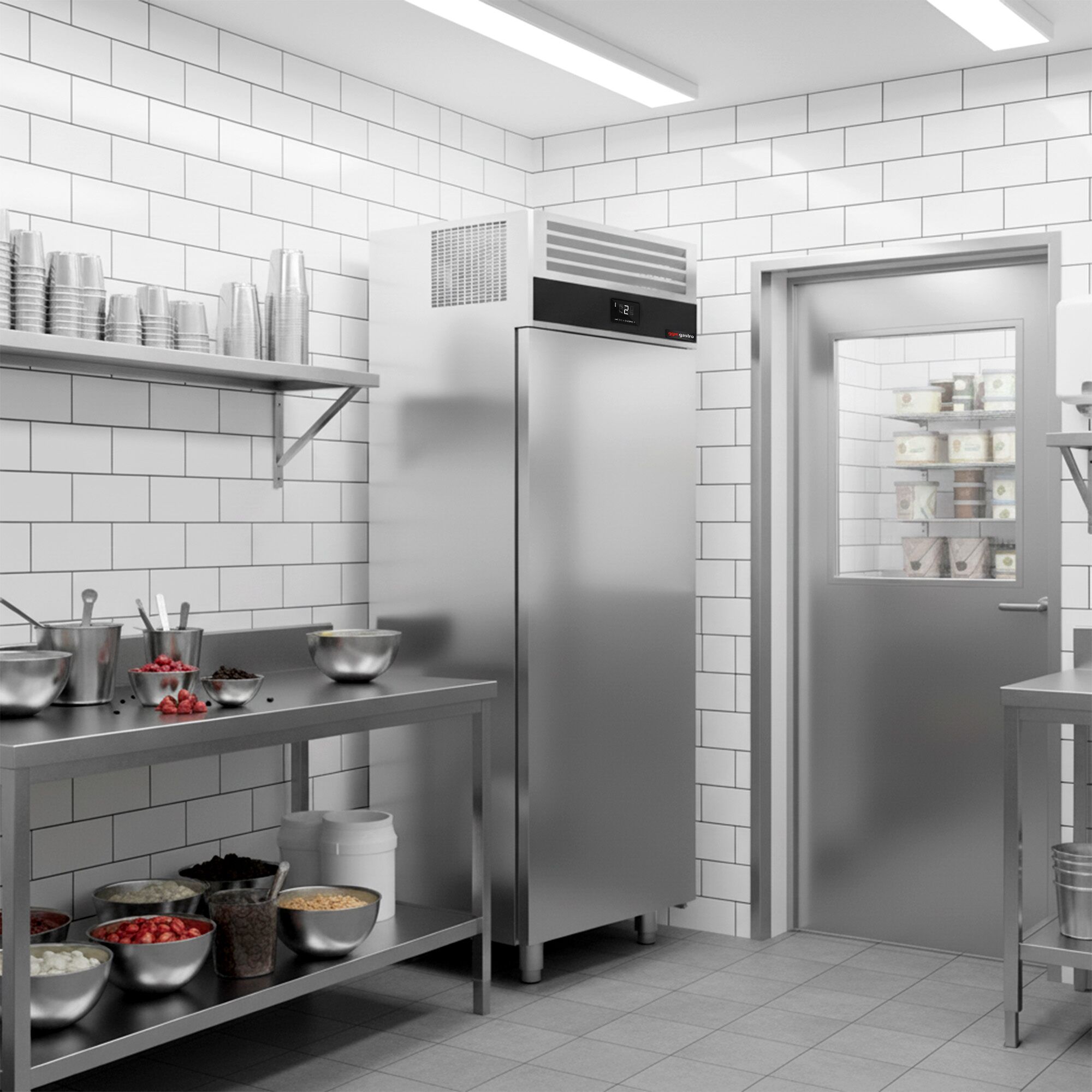 Armoire de conservation pour bacs à glace négative Inox AISI 304 - 600 x 800 - 650 L - avec 1 porte - p.ex. pour 48× bacs à glace 5L ou 32× bacs 7L