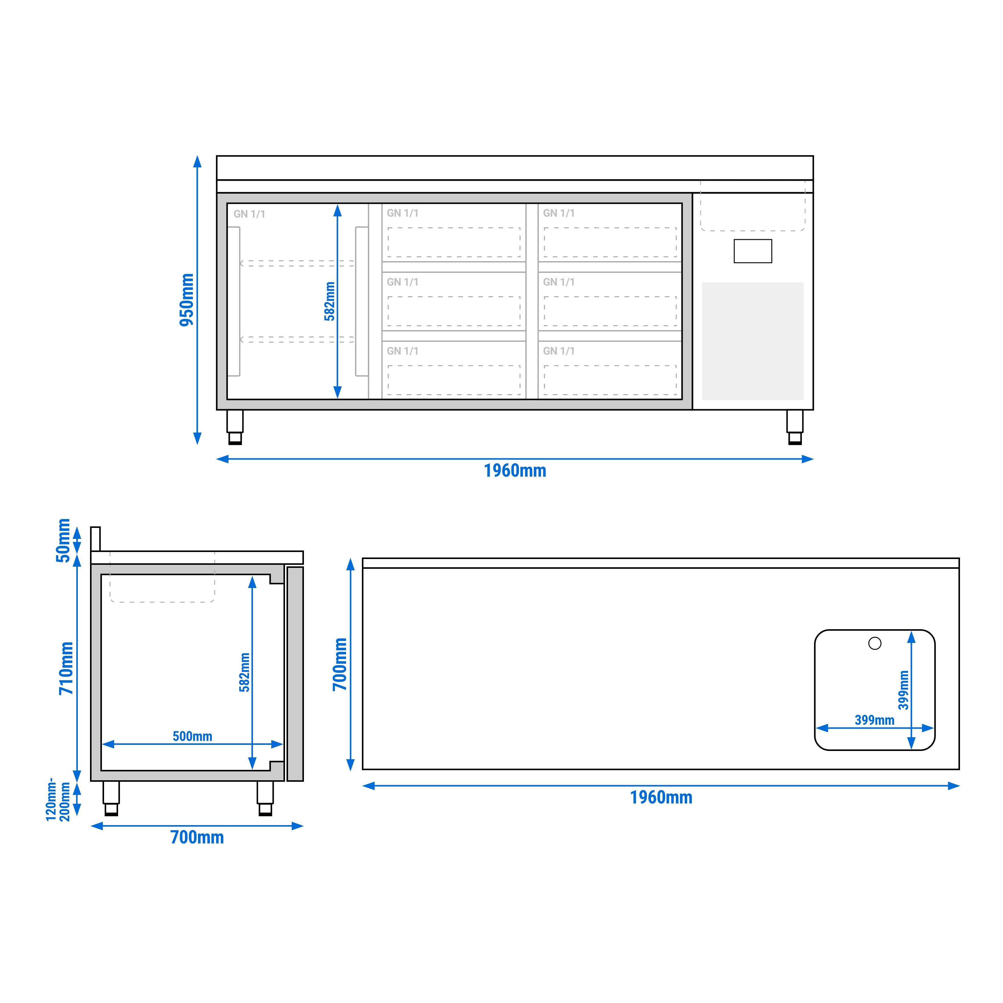 Table réfrigérée Premium PLUS - 1960 x 700 mm - avec 1 bac, 1 porte, 6 tiroirs - dosseret