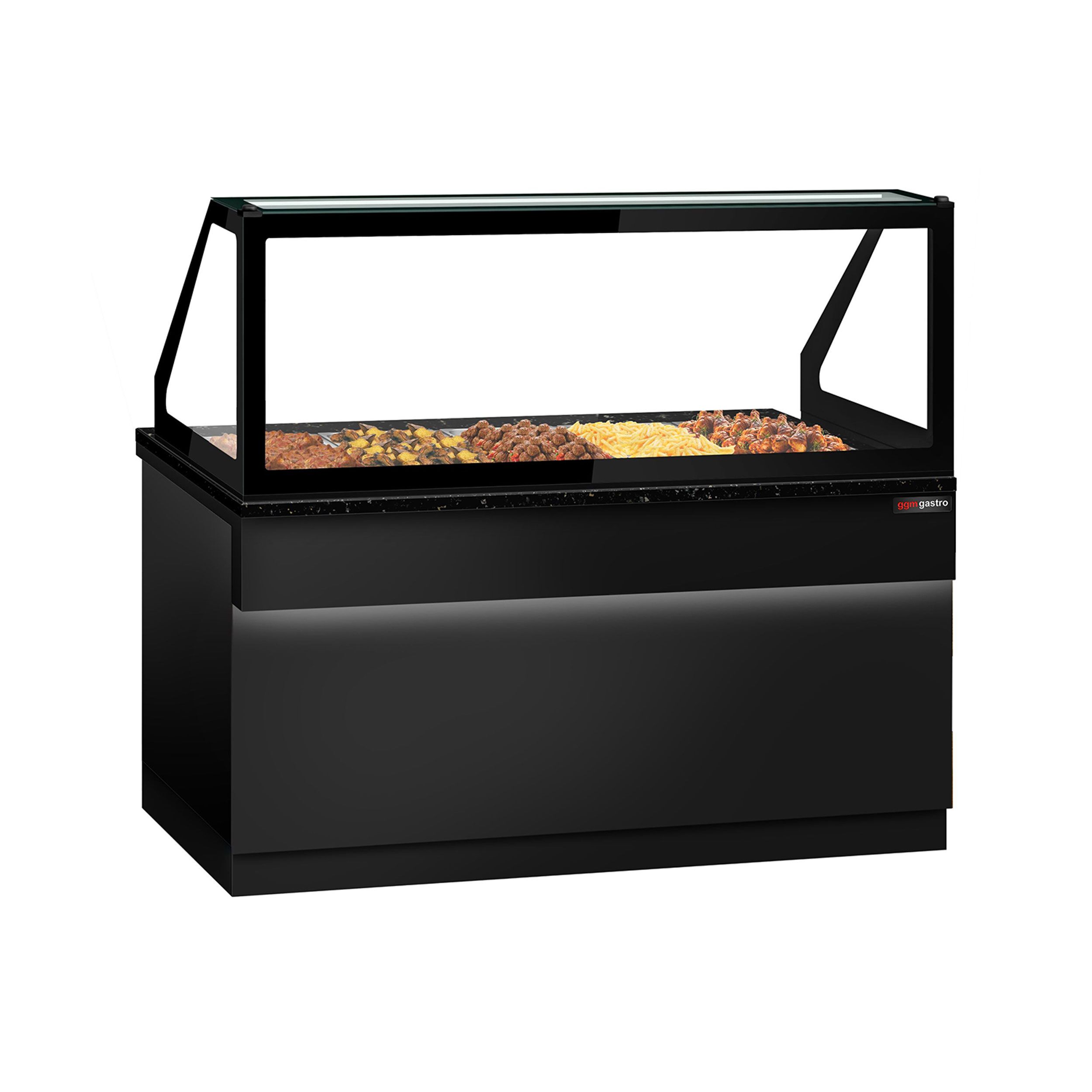 Vitrine chauffante TORONTO – 1800 mm – façade noire – pour 5 × GN 1/1 – plan de travail en granit noir